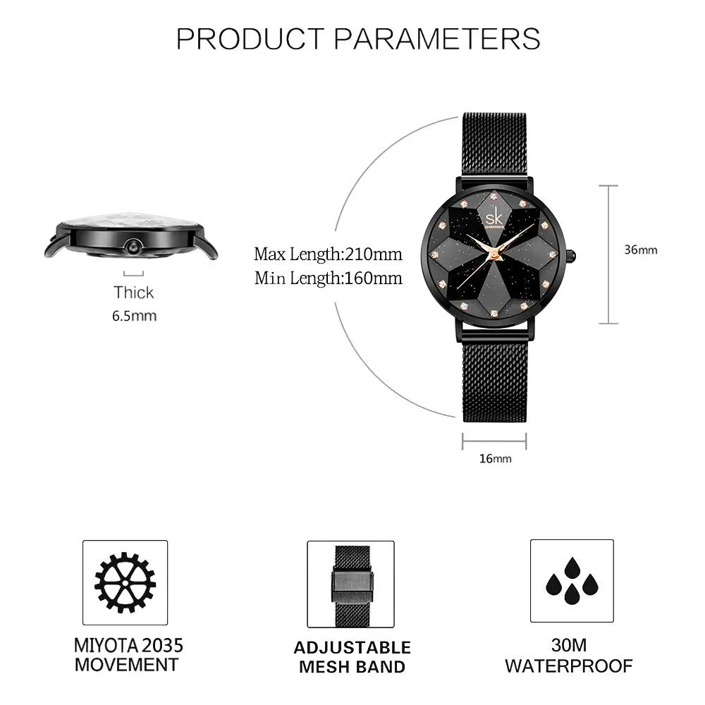 SHENGKE Orologio stellato Orologio Analogico Classico Quarzo da Donna con Cinturino in Acciaio Inox(Starry-Mesh Band-Black) - immagine 5