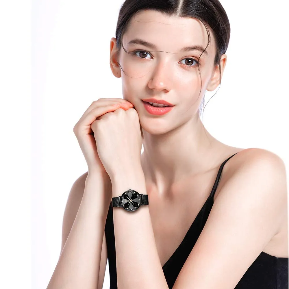 SHENGKE Orologio stellato Orologio Analogico Classico Quarzo da Donna con Cinturino in Acciaio Inox(Starry-Mesh Band-Black) - immagine 6