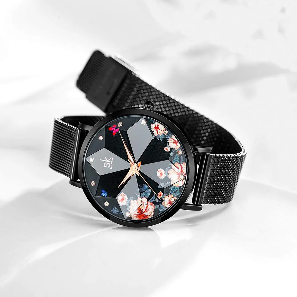 SHENGKE Orologio stellato Orologio Analogico Classico Quarzo da Donna con Cinturino in Acciaio Inox(Flower-Mesh Band-Black) - immagine 2