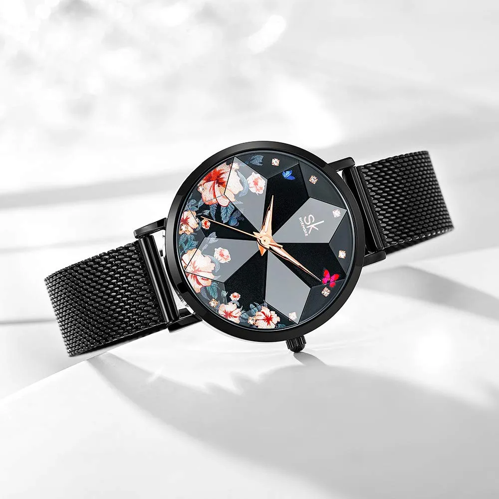 SHENGKE Orologio stellato Orologio Analogico Classico Quarzo da Donna con Cinturino in Acciaio Inox(Flower-Mesh Band-Black) - immagine 3