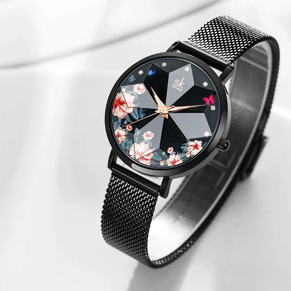 SHENGKE Orologio stellato Orologio Analogico Classico Quarzo da Donna con Cinturino in Acciaio Inox(Flower-Mesh Band-Black) - immagine 4