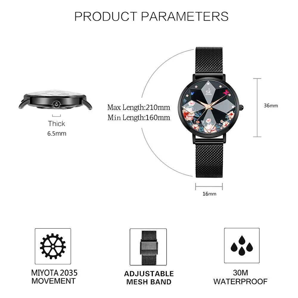 SHENGKE Orologio stellato Orologio Analogico Classico Quarzo da Donna con Cinturino in Acciaio Inox(Flower-Mesh Band-Black) - immagine 6