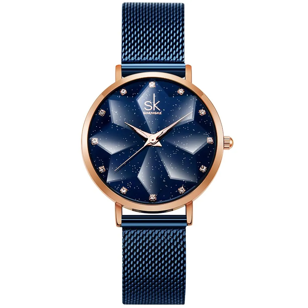 SHENGKE Orologio stellato Orologio Analogico Classico Quarzo da Donna con Cinturino in Acciaio Inox(Starry-Mesh Band-Blue) - immagine 1