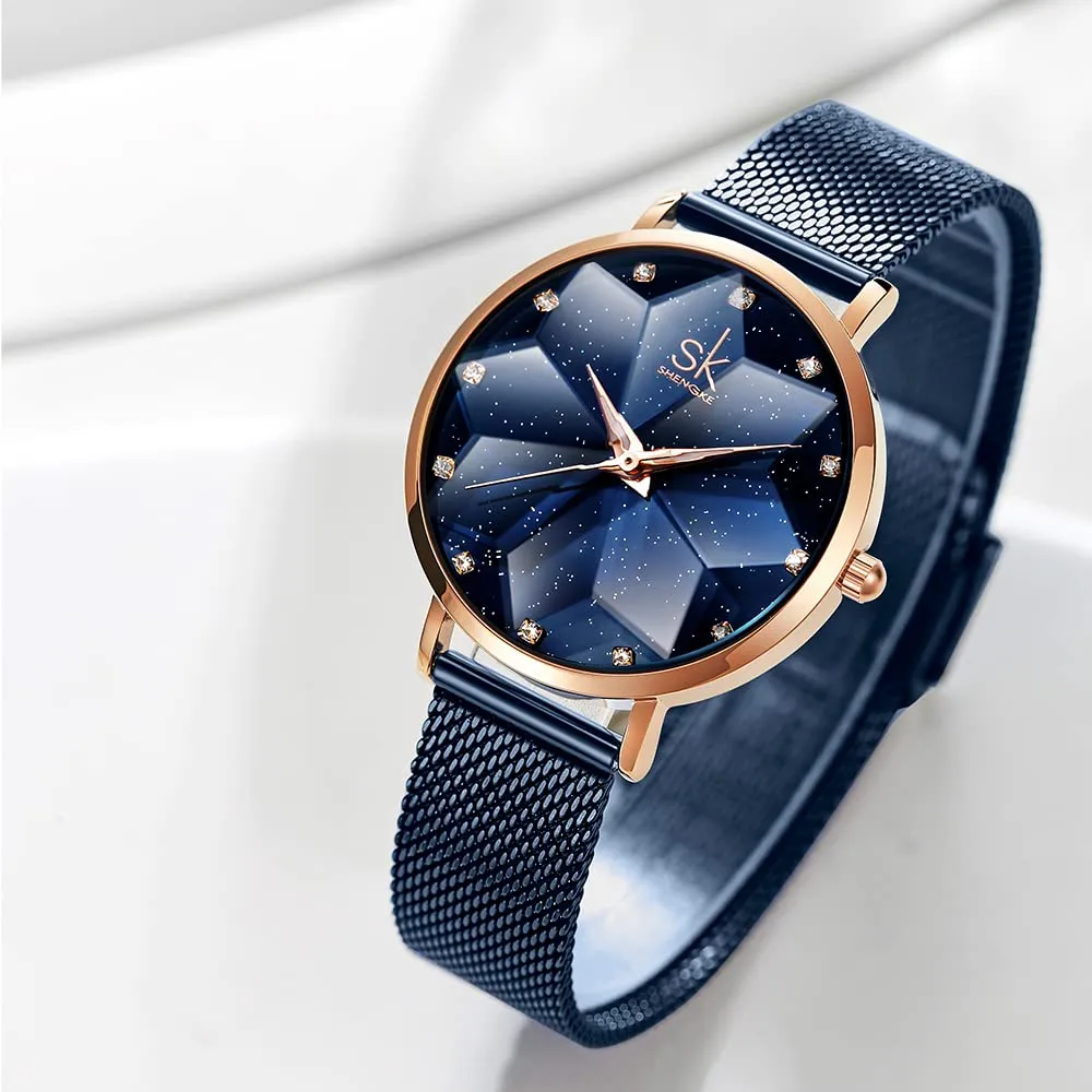 SHENGKE Orologio stellato Orologio Analogico Classico Quarzo da Donna con Cinturino in Acciaio Inox(Starry-Mesh Band-Blue) - immagine 2