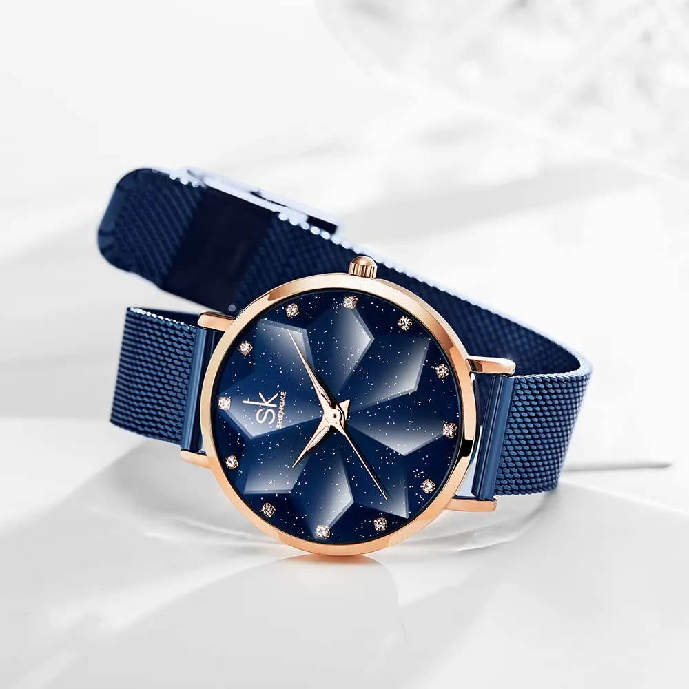 SHENGKE Orologio stellato Orologio Analogico Classico Quarzo da Donna con Cinturino in Acciaio Inox(Starry-Mesh Band-Blue) - immagine 3