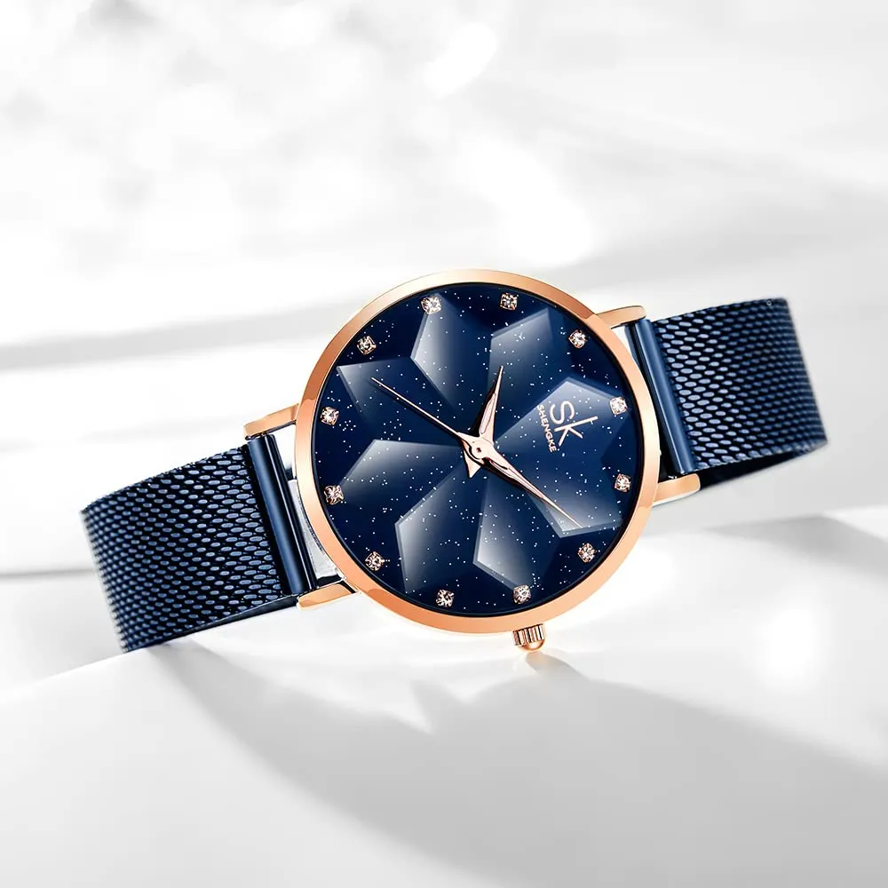 SHENGKE Orologio stellato Orologio Analogico Classico Quarzo da Donna con Cinturino in Acciaio Inox(Starry-Mesh Band-Blue) - immagine 4