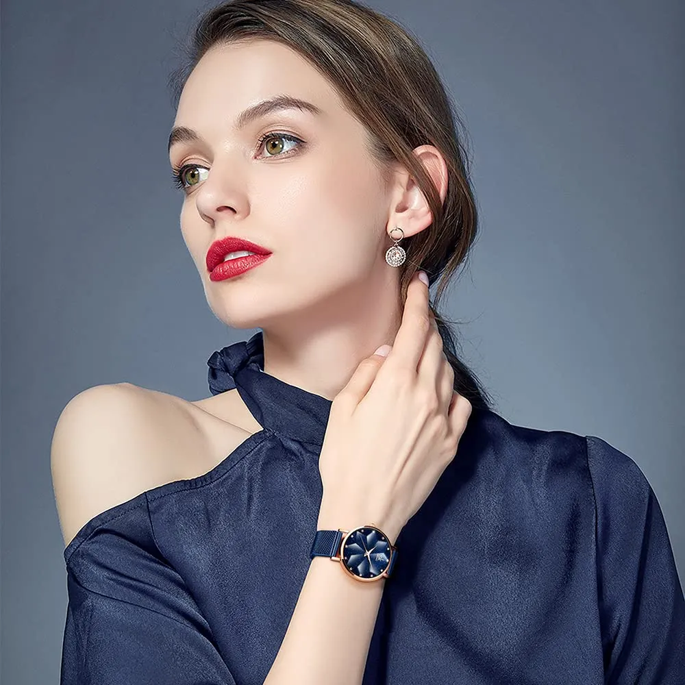 SHENGKE Orologio stellato Orologio Analogico Classico Quarzo da Donna con Cinturino in Acciaio Inox(Starry-Mesh Band-Blue) - immagine 5