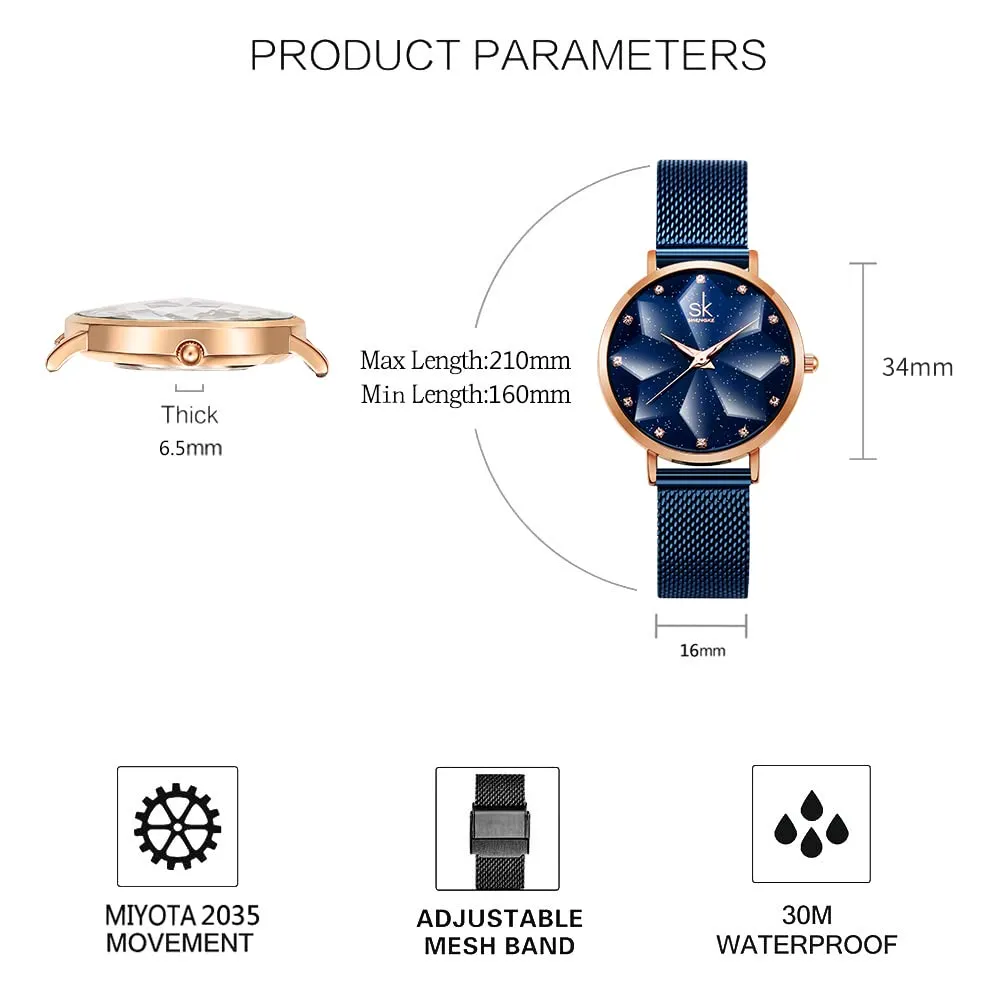 SHENGKE Orologio stellato Orologio Analogico Classico Quarzo da Donna con Cinturino in Acciaio Inox(Starry-Mesh Band-Blue) - immagine 6