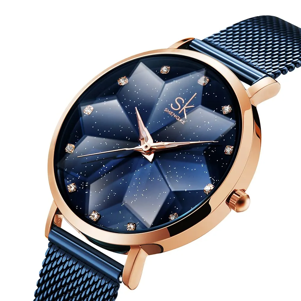 SHENGKE Orologio stellato Orologio Analogico Classico Quarzo da Donna con Cinturino in Acciaio Inox(Starry-Mesh Band-Blue) - immagine 7