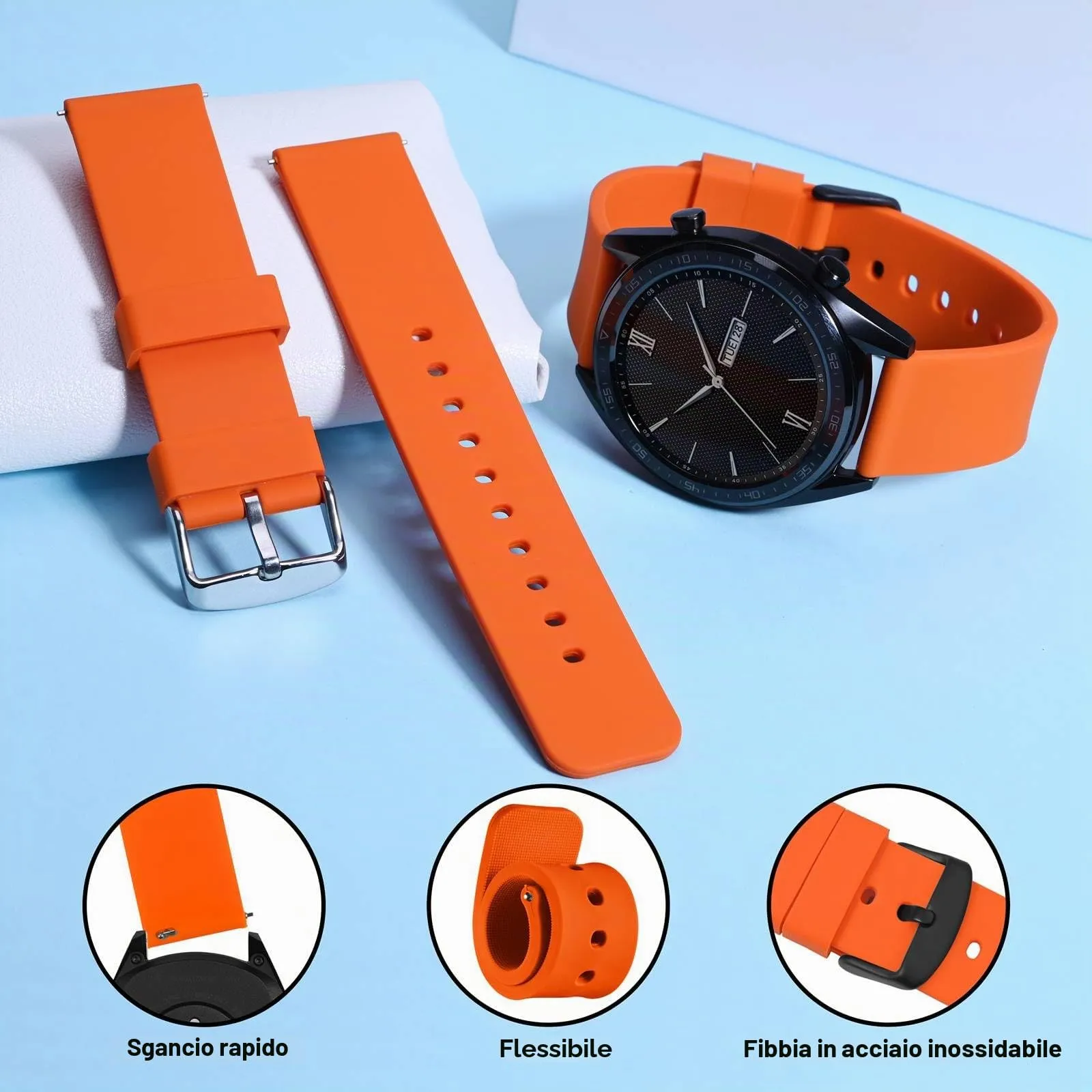 WOCCI 24mm Orologi Cinturino in Silicone per Uomo e Donna con Fibbia Nera (Arancio) - immagine 3