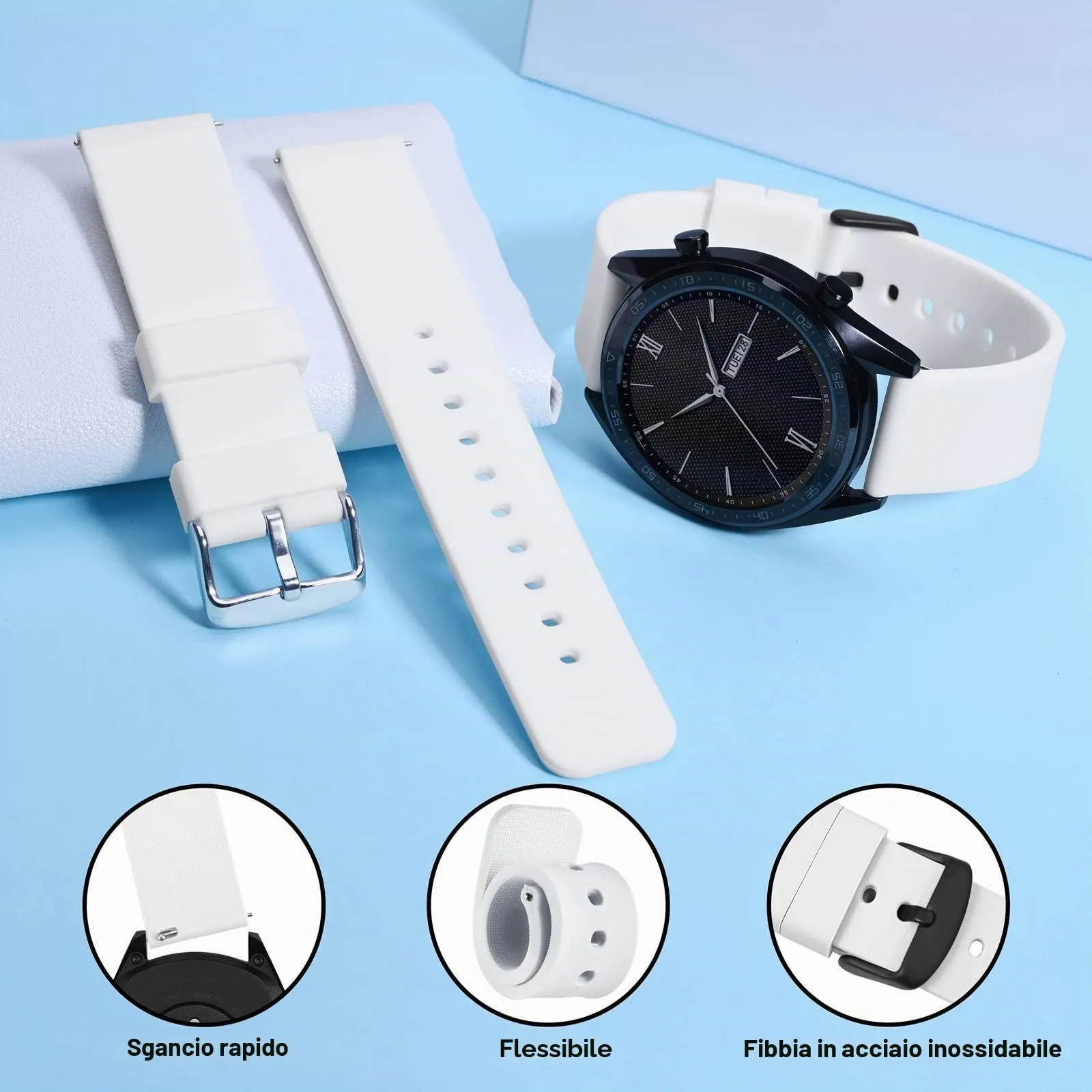 WOCCI 24mm Orologi Cinturino in Silicone per Uomo e Donna con Fibbia Nera (Bianco) - immagine 3