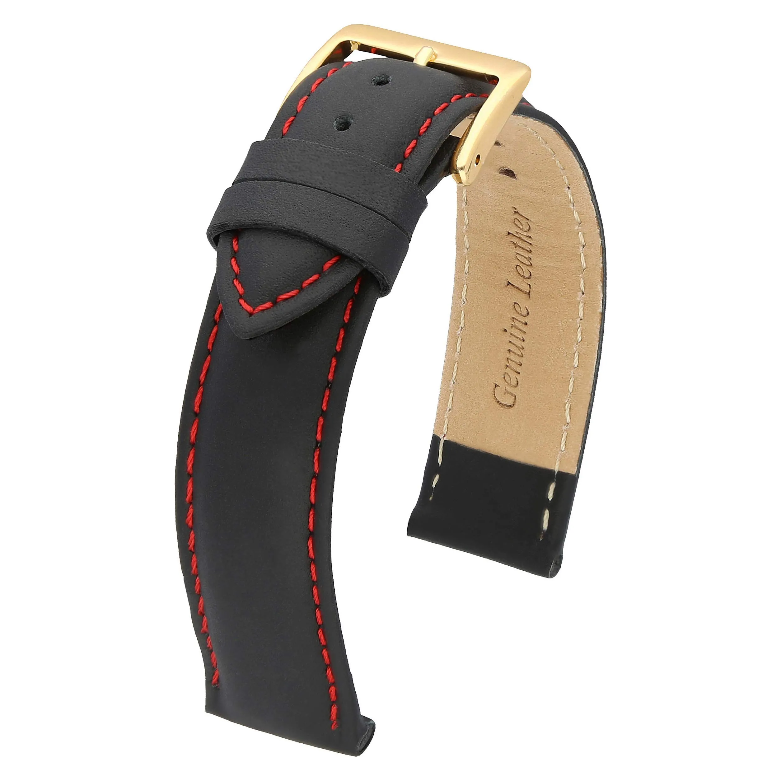 MARCHEL - Cinturino in pelle liscia LLB con chiusura in oro, cinturino per orologio in pelle bovina, in vero cuoio, nero/rosso, 18 mm XL, Classico - immagine 3