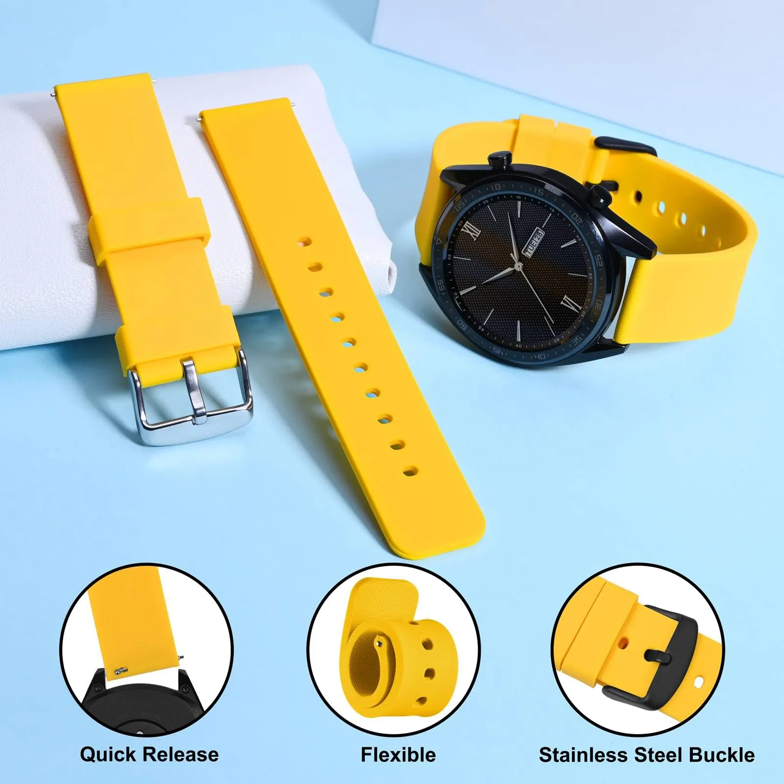WOCCI 16mm Orologi Cinturino in Silicone per Uomo e Donna con Fibbia Nera (Giallo) - immagine 3
