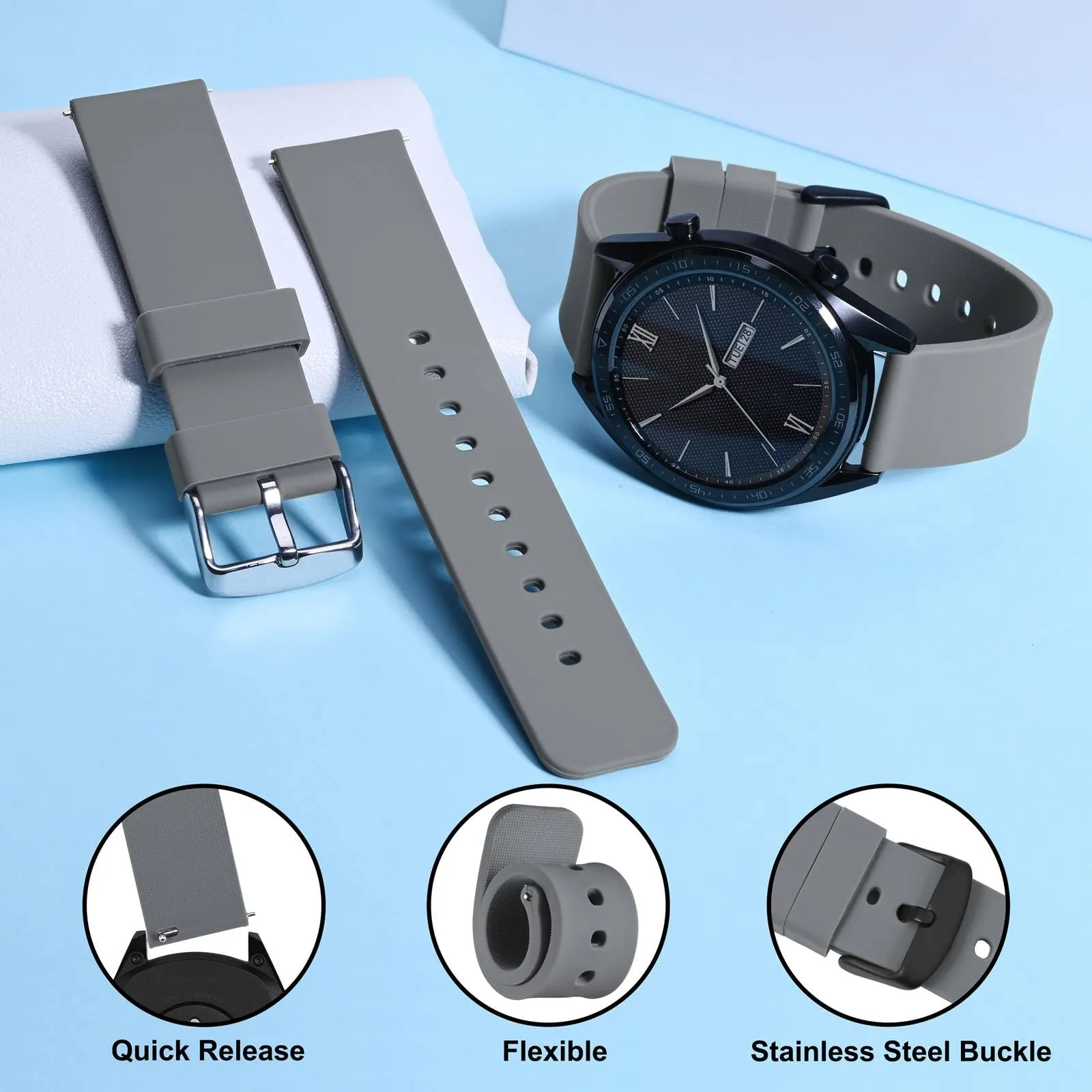 WOCCI 19mm Orologi Cinturino in Silicone per Uomo e Donna con Fibbia Nera (Grigio) - immagine 3