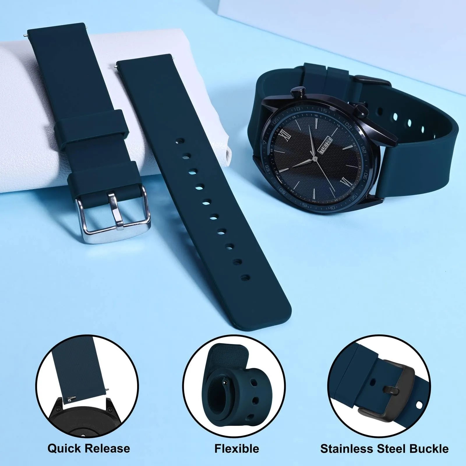 WOCCI 16mm Orologi Cinturino in Silicone per Uomo e Donna con Fibbia Nera (Blu Navy) - immagine 3