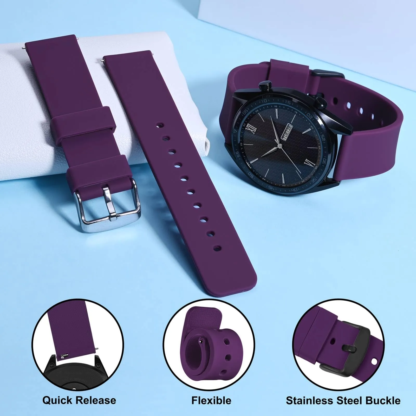 WOCCI 21mm Orologi Cinturino in Silicone per Uomo e Donna con Fibbia Nera (Viola) - immagine 3