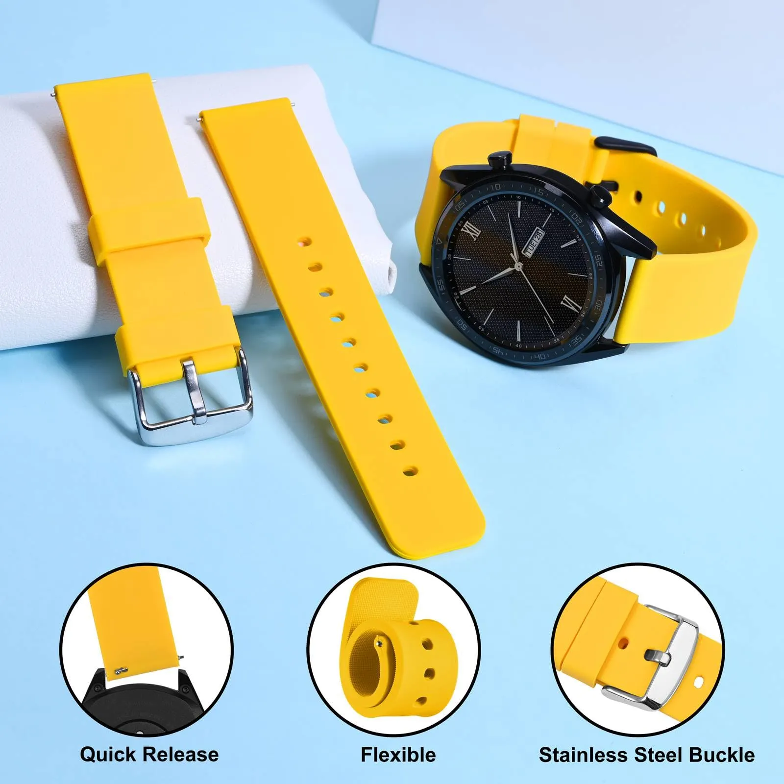 WOCCI 21mm Orologi Cinturino in Silicone con Fibbia Argento per Uomo e Donna (Giallo) - immagine 3