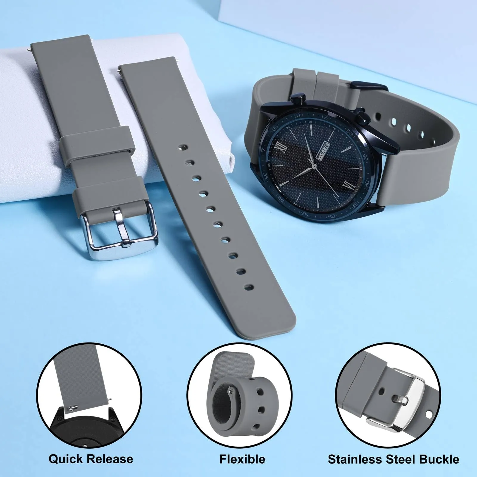 WOCCI 19mm Orologi Cinturino in Silicone con Fibbia Argento per Uomo e Donna (Grigio) - immagine 3