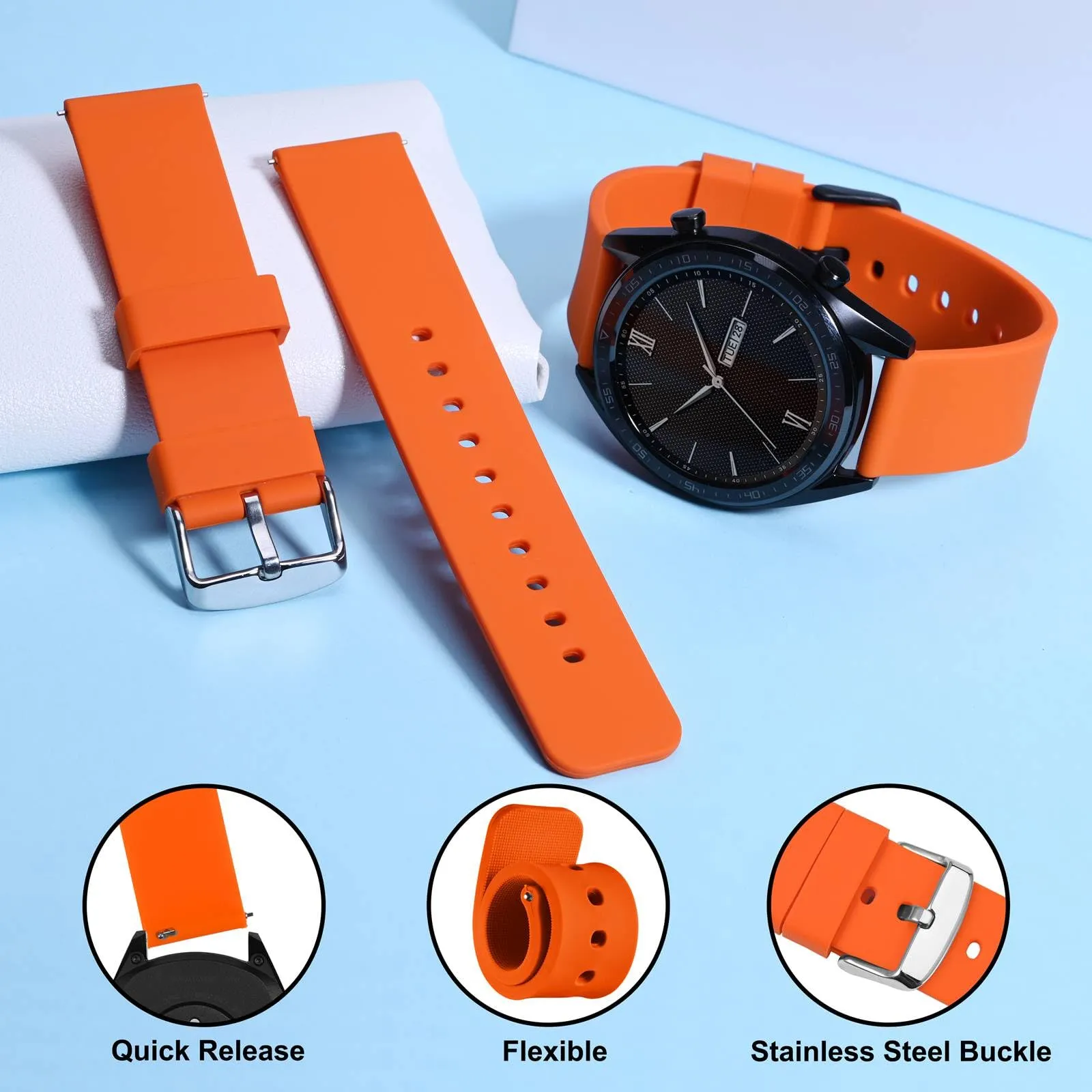 WOCCI 19mm Orologi Cinturino in Silicone con Fibbia Argento per Uomo e Donna (Arancio) - immagine 3