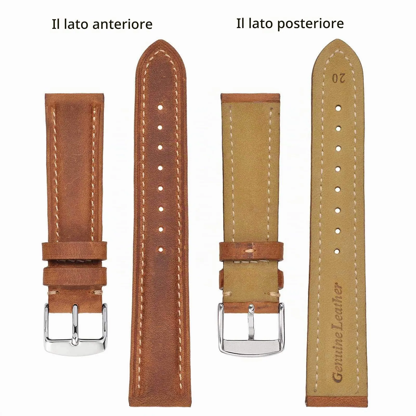 BISONSTRAP Cinturino Orologio 20mm, Cinturini di Ricambio in Pelle Vintage, Marrone Chiaro/Filo Beige - immagine 3