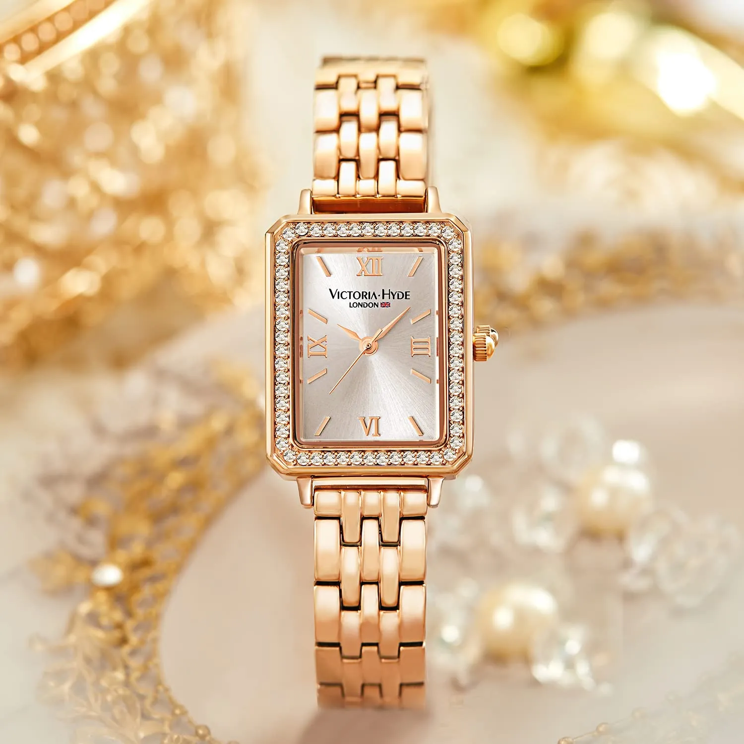 VICTORIA HYDE Orologio rettangolare da donna verde quadrante analogico al quarzo con cinturino in acciaio inox, oro-bianco, Bracciale - immagine 4