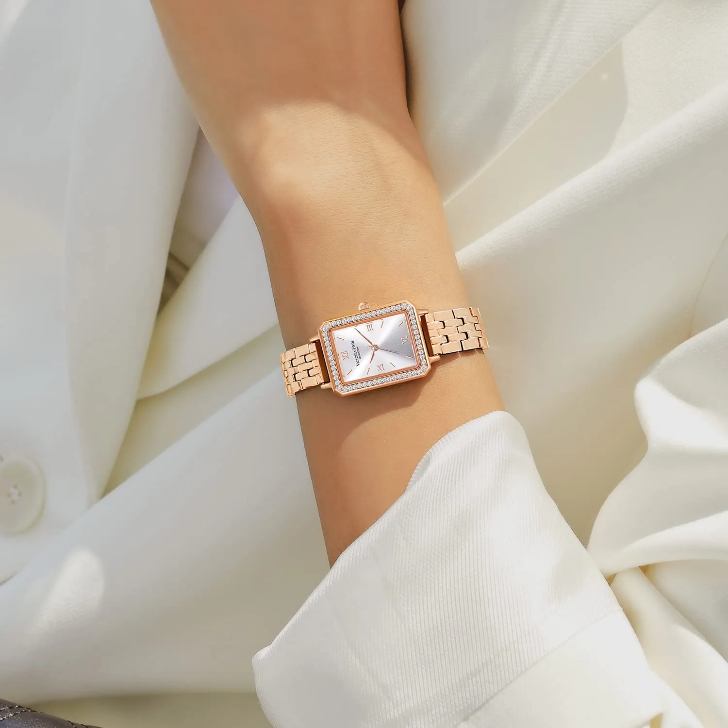 VICTORIA HYDE Orologio rettangolare da donna verde quadrante analogico al quarzo con cinturino in acciaio inox, oro-bianco, Bracciale - immagine 6
