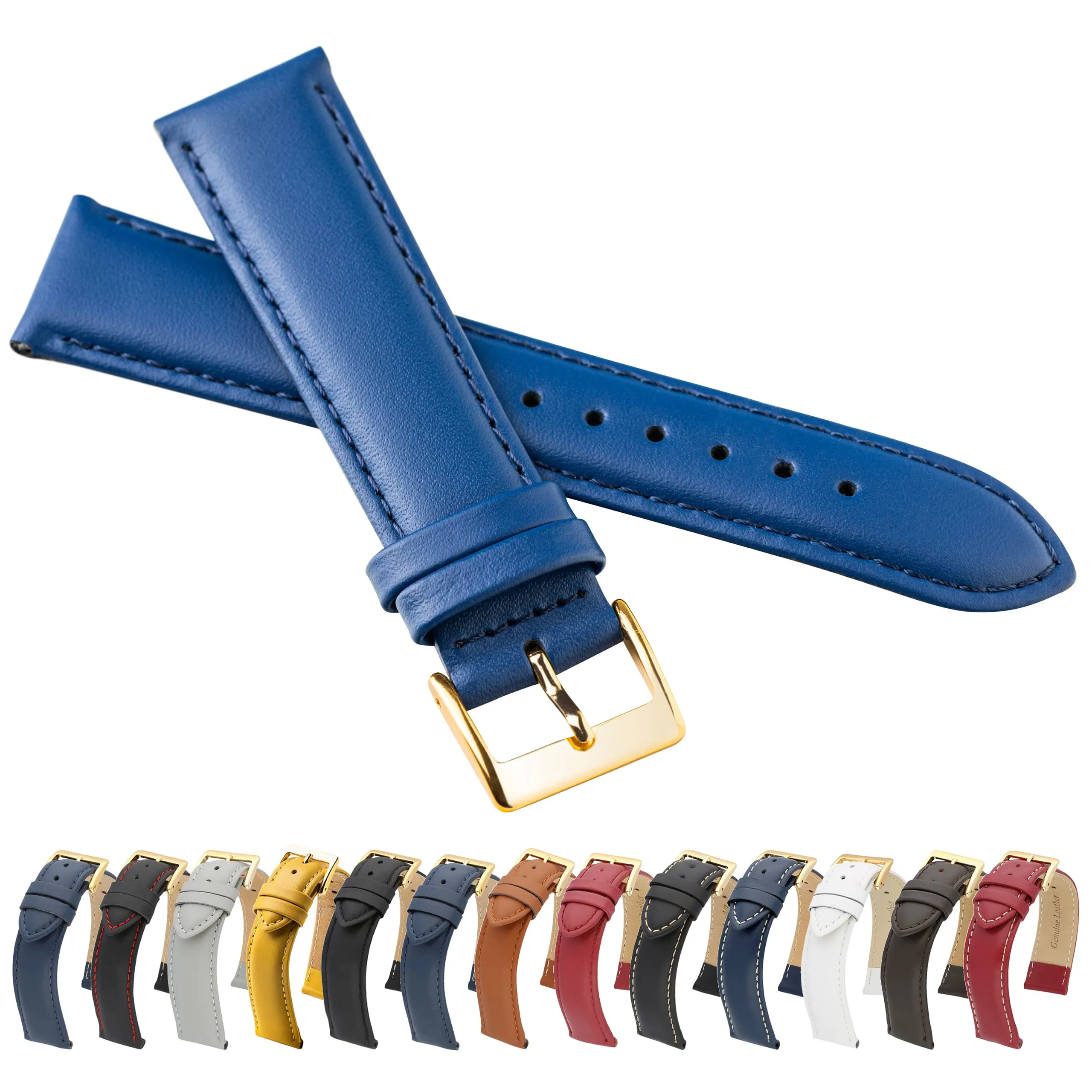 MARCHEL Cinturino in Pelle Liscia LLB, Cinturino in Pelle Bovina, Azzurro, 14 mm, Classico - immagine 1