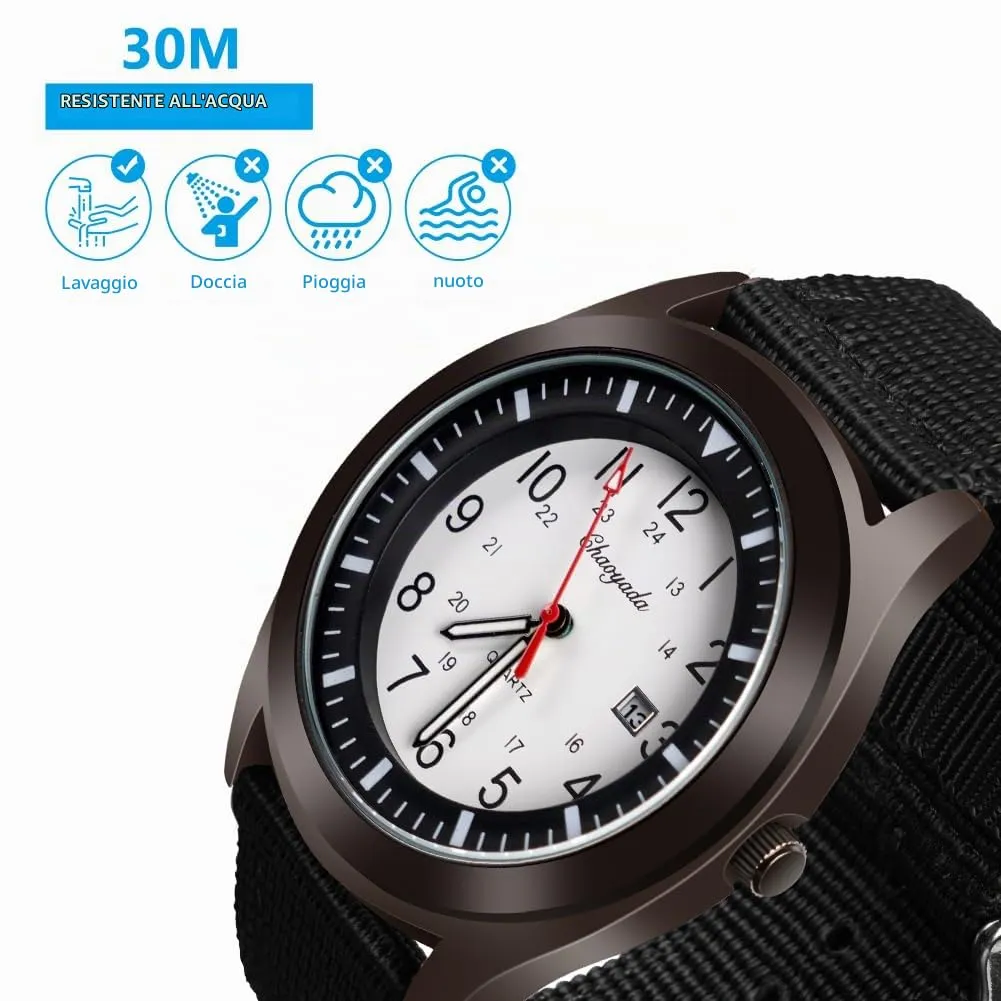 Vicloon Orologio da Uomo, Orologio Analogico al Quarzo, Orologio Militare Che si Illumina al Buio Con Datario e Cinturino in Nylon, Orologi Minimalisti Sportivi Tattici Dell'esercito (Nero) - immagine 4