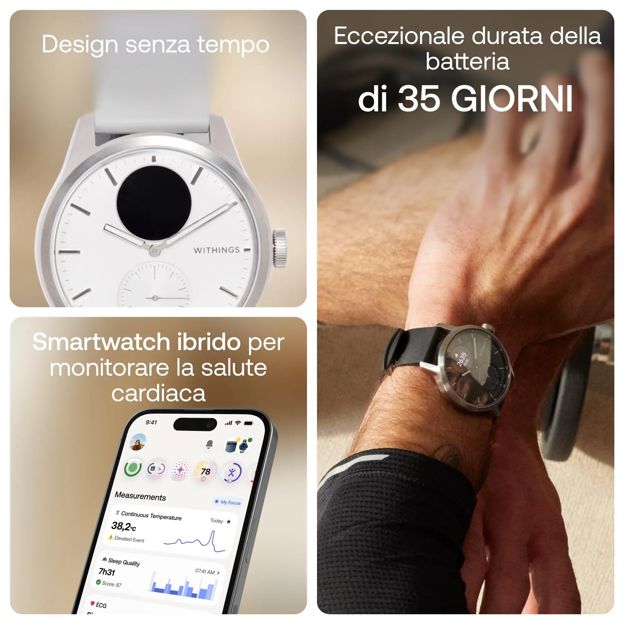 Withings ScanWatch 2 – Connected Healthwatch, Elettrocardiogramma ECG, SpO2, Temperatura, Monitoraggio del sonno, Salute respiratoria, Attività, Calorie, Impermeabile, Batteria 30 giorni, Android iOS - immagine 2