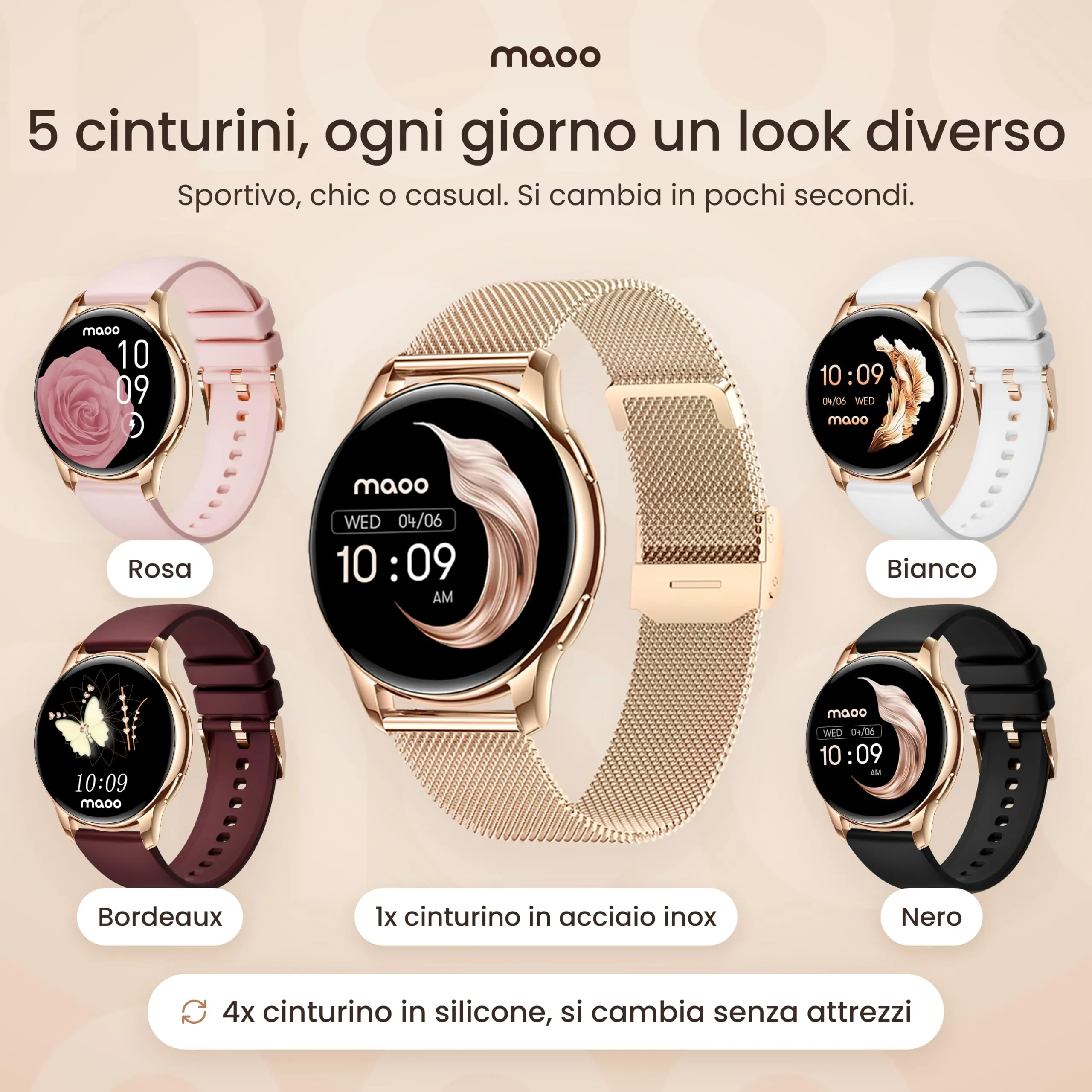 Maoo Ventura Orologio Smartwatch Donna con Chiamate Bluetooth e 5 Cinturini, Display AMOLED Rotondo, Smart Watch Donna Compatibile iPhone Android, Fitness Tracker, Contapassi, SpO2, IP67, Oro Rosa - immagine 3