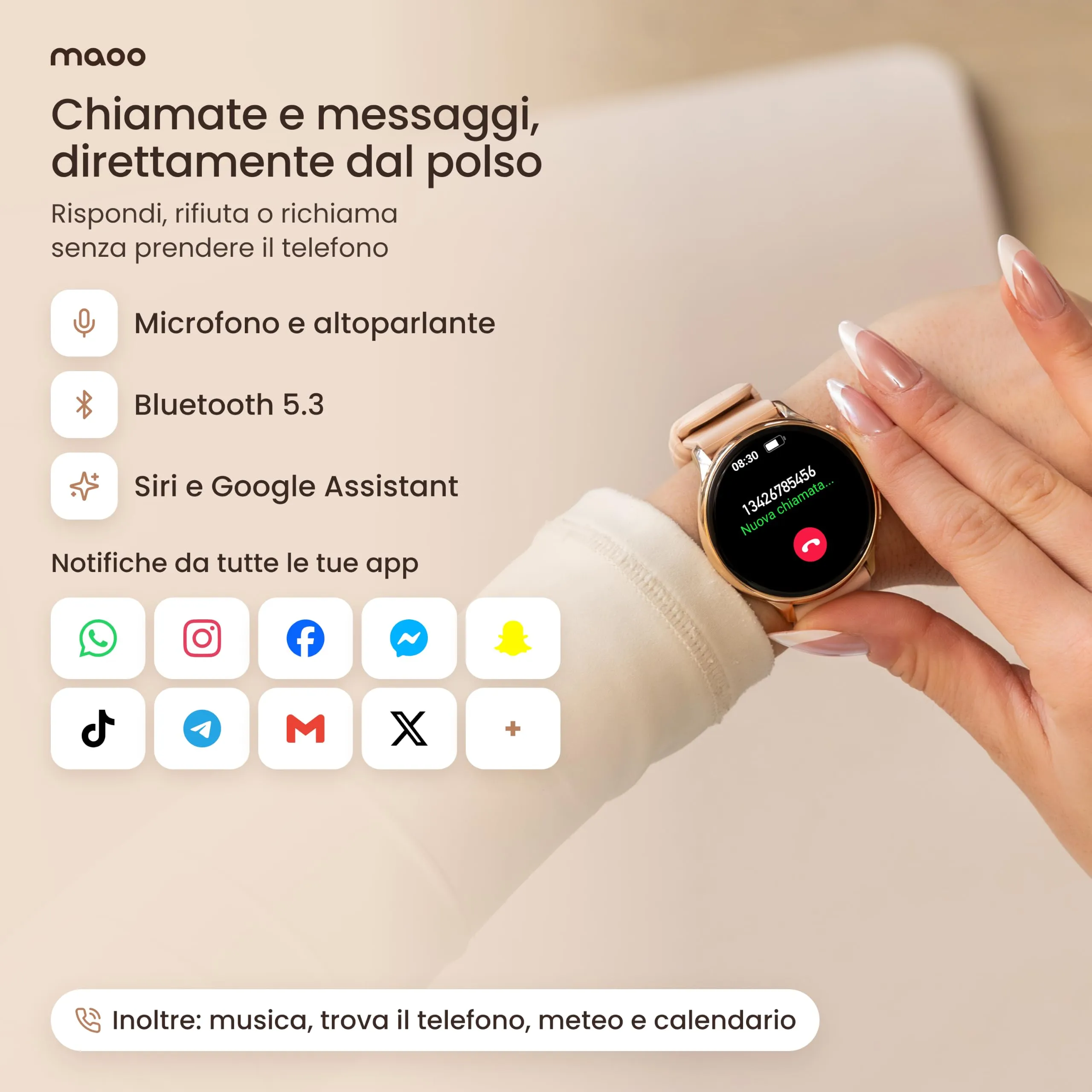 Maoo Ventura Orologio Smartwatch Donna con Chiamate Bluetooth e 5 Cinturini, Display AMOLED Rotondo, Smart Watch Donna Compatibile iPhone Android, Fitness Tracker, Contapassi, SpO2, IP67, Oro Rosa - immagine 5