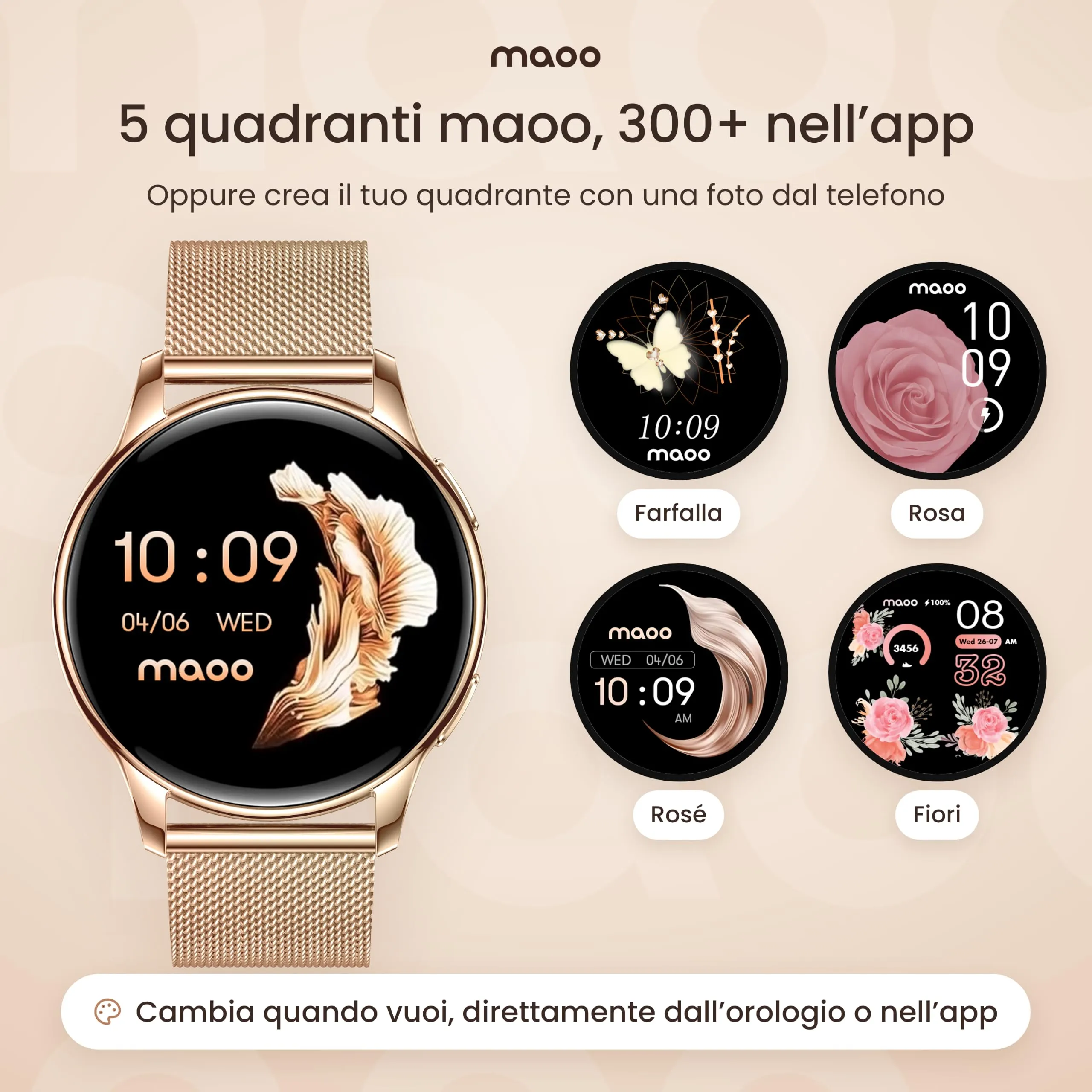Maoo Ventura Orologio Smartwatch Donna con Chiamate Bluetooth e 5 Cinturini, Display AMOLED Rotondo, Smart Watch Donna Compatibile iPhone Android, Fitness Tracker, Contapassi, SpO2, IP67, Oro Rosa - immagine 8