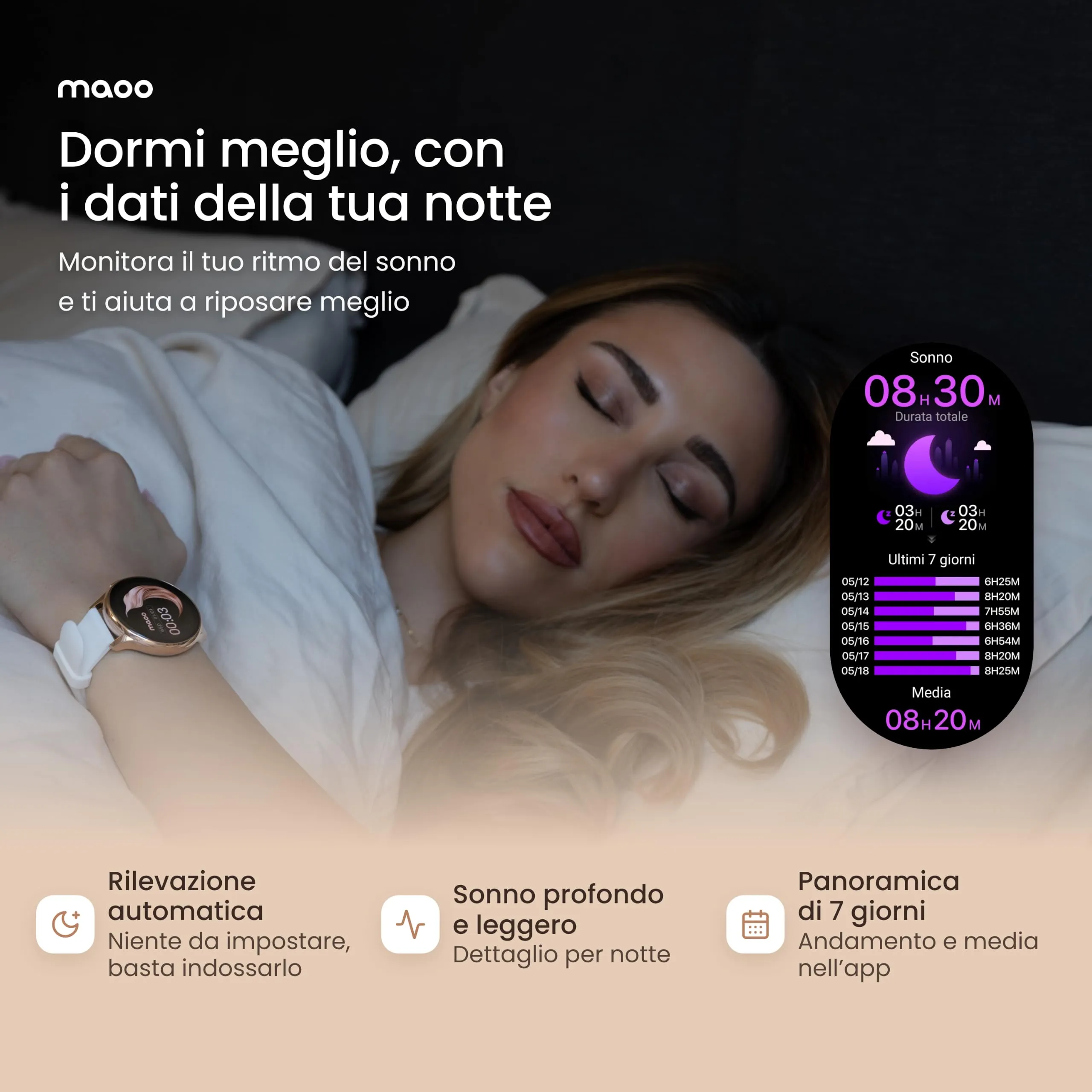 Maoo Ventura Orologio Smartwatch Donna con Chiamate Bluetooth e 5 Cinturini, Display AMOLED Rotondo, Smart Watch Donna Compatibile iPhone Android, Fitness Tracker, Contapassi, SpO2, IP67, Oro Rosa - immagine 9