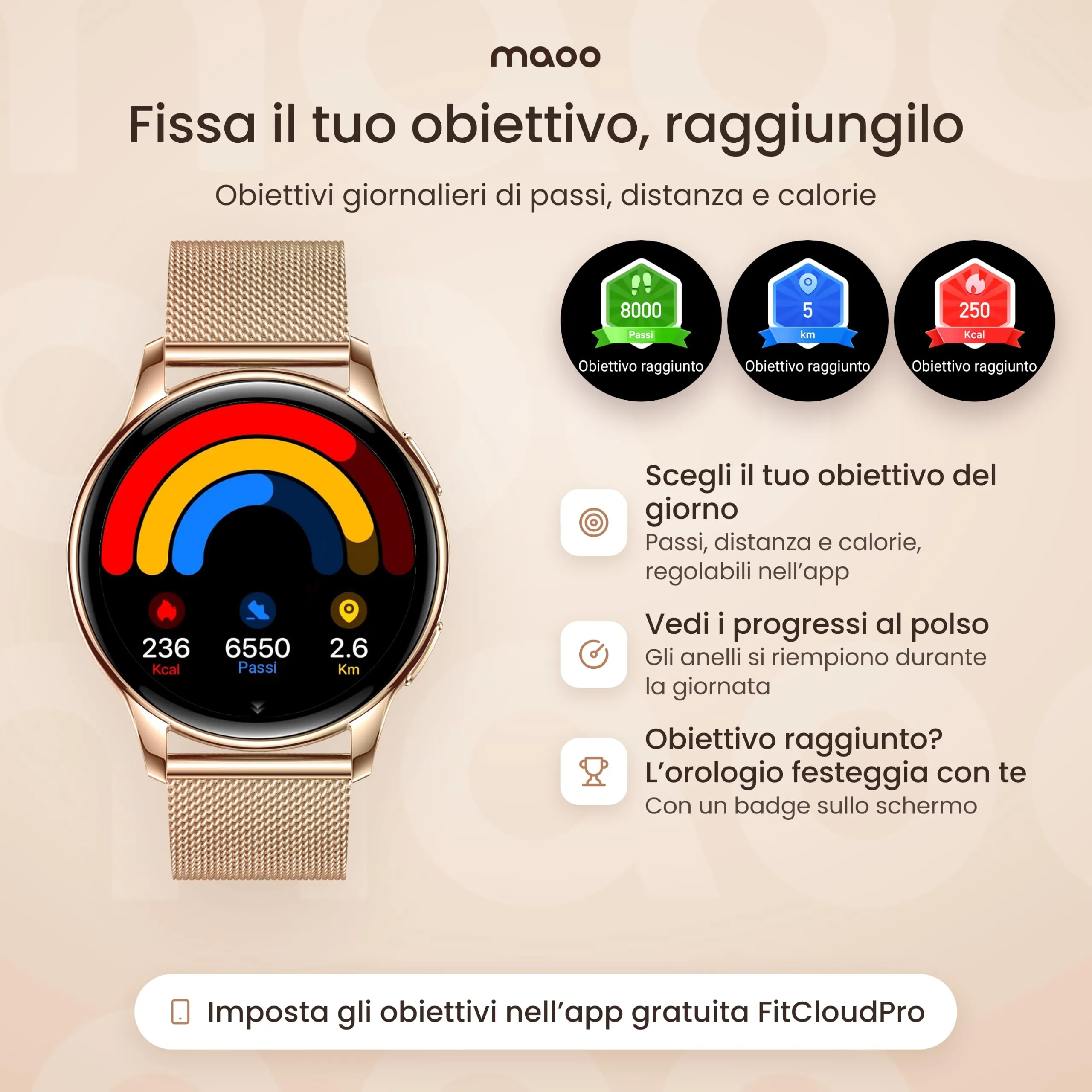 Maoo Ventura Orologio Smartwatch Donna con Chiamate Bluetooth e 5 Cinturini, Display AMOLED Rotondo, Smart Watch Donna Compatibile iPhone Android, Fitness Tracker, Contapassi, SpO2, IP67, Oro Rosa - immagine 12