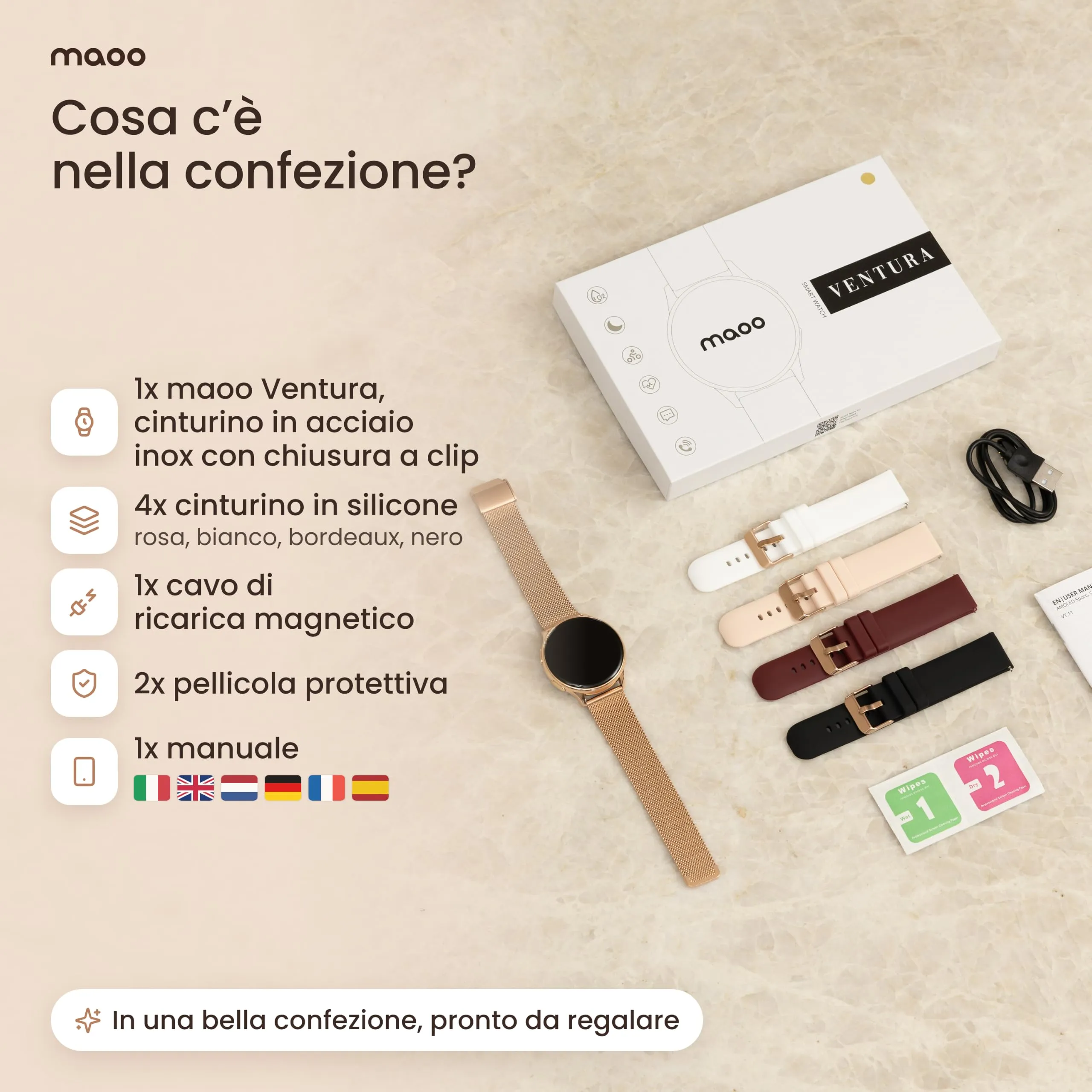 Maoo Ventura Orologio Smartwatch Donna con Chiamate Bluetooth e 5 Cinturini, Display AMOLED Rotondo, Smart Watch Donna Compatibile iPhone Android, Fitness Tracker, Contapassi, SpO2, IP67, Oro Rosa - immagine 14