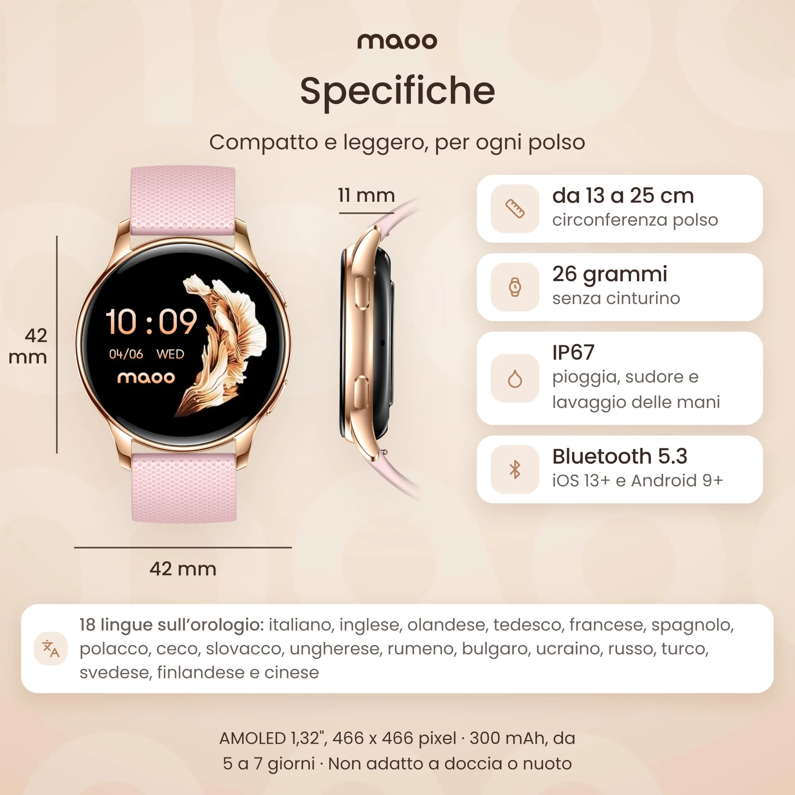 Maoo Ventura Orologio Smartwatch Donna con Chiamate Bluetooth e 5 Cinturini, Display AMOLED Rotondo, Smart Watch Donna Compatibile iPhone Android, Fitness Tracker, Contapassi, SpO2, IP67, Oro Rosa - immagine 15