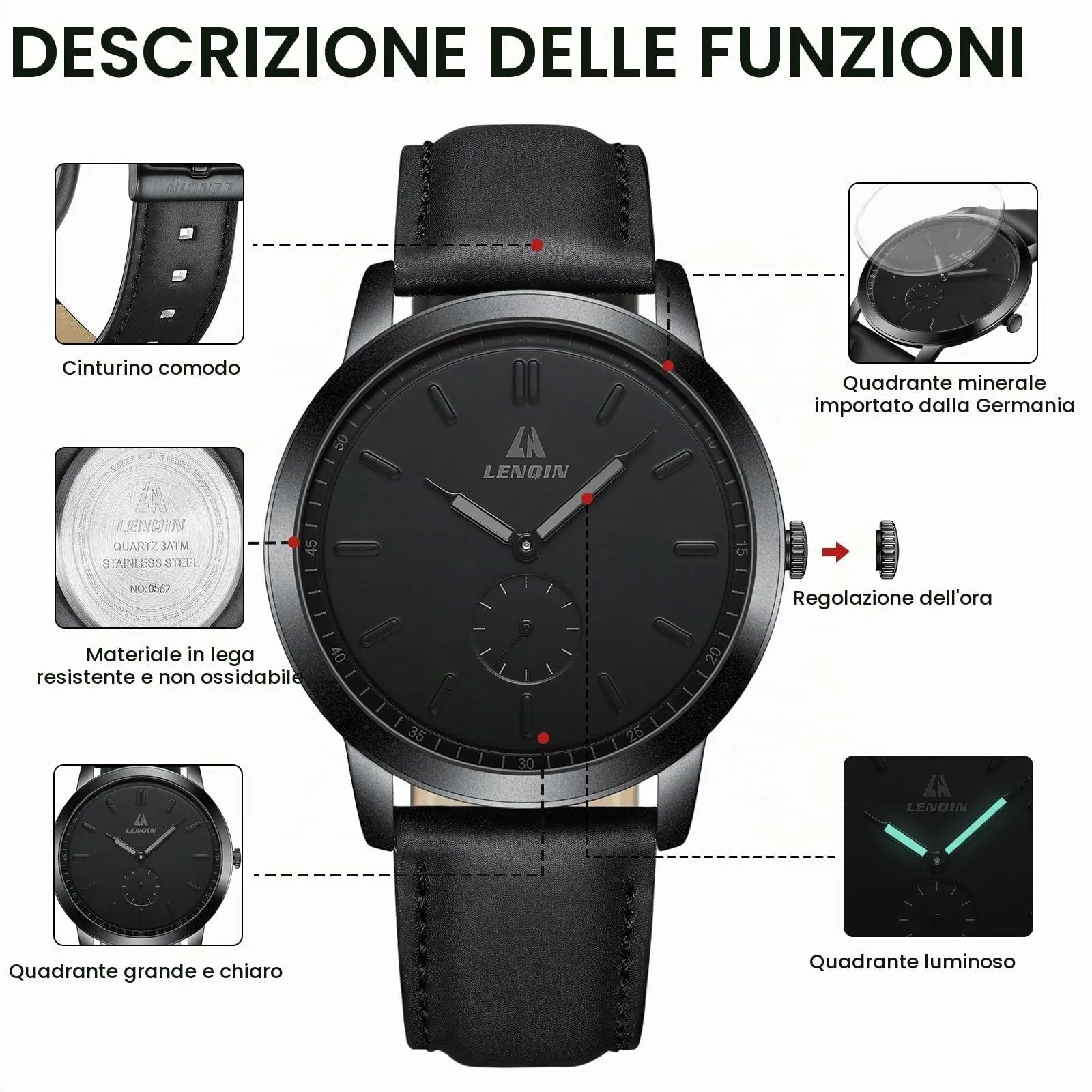 LN LENQIN Orologio Uomo Analogico Al Quarzo 30M Impermeabile Orologi Da Polso Da Uomo Moda Business Orologio da Di Design Cinturino in Pelle - immagine 7