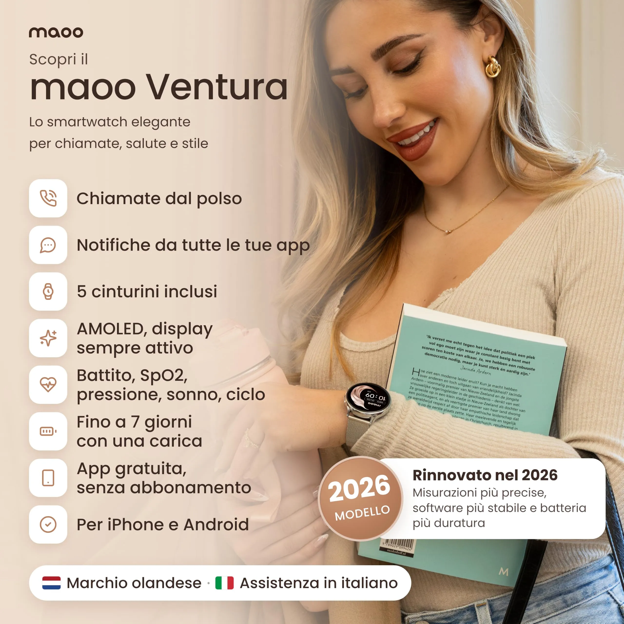Maoo Ventura Orologio Smartwatch Donna con Chiamate Bluetooth e 5 Cinturini, Display AMOLED Rotondo, Smart Watch Donna Compatibile iPhone Android, Fitness Tracker, Contapassi, SpO2, IP67, Argento - immagine 2