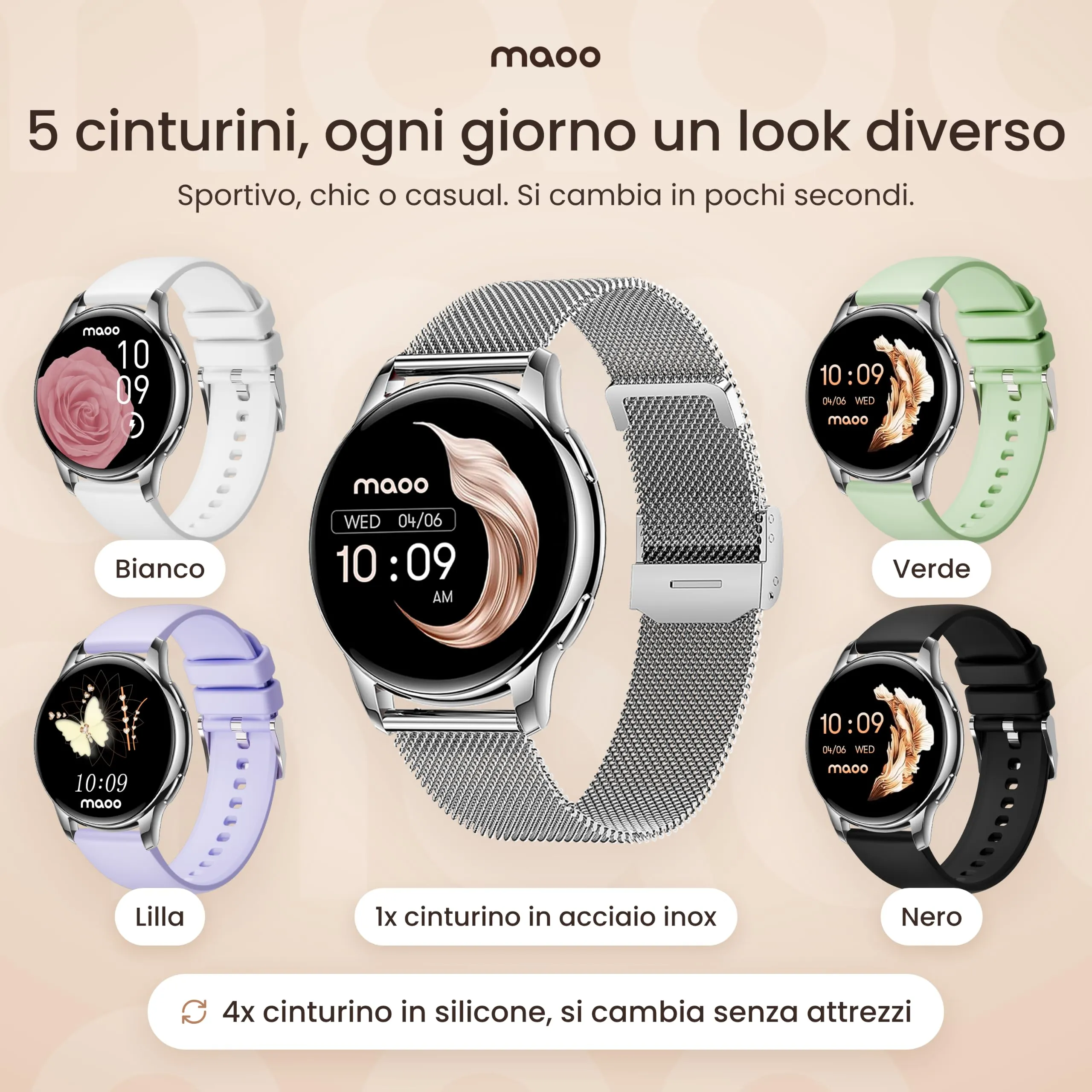 Maoo Ventura Orologio Smartwatch Donna con Chiamate Bluetooth e 5 Cinturini, Display AMOLED Rotondo, Smart Watch Donna Compatibile iPhone Android, Fitness Tracker, Contapassi, SpO2, IP67, Argento - immagine 3