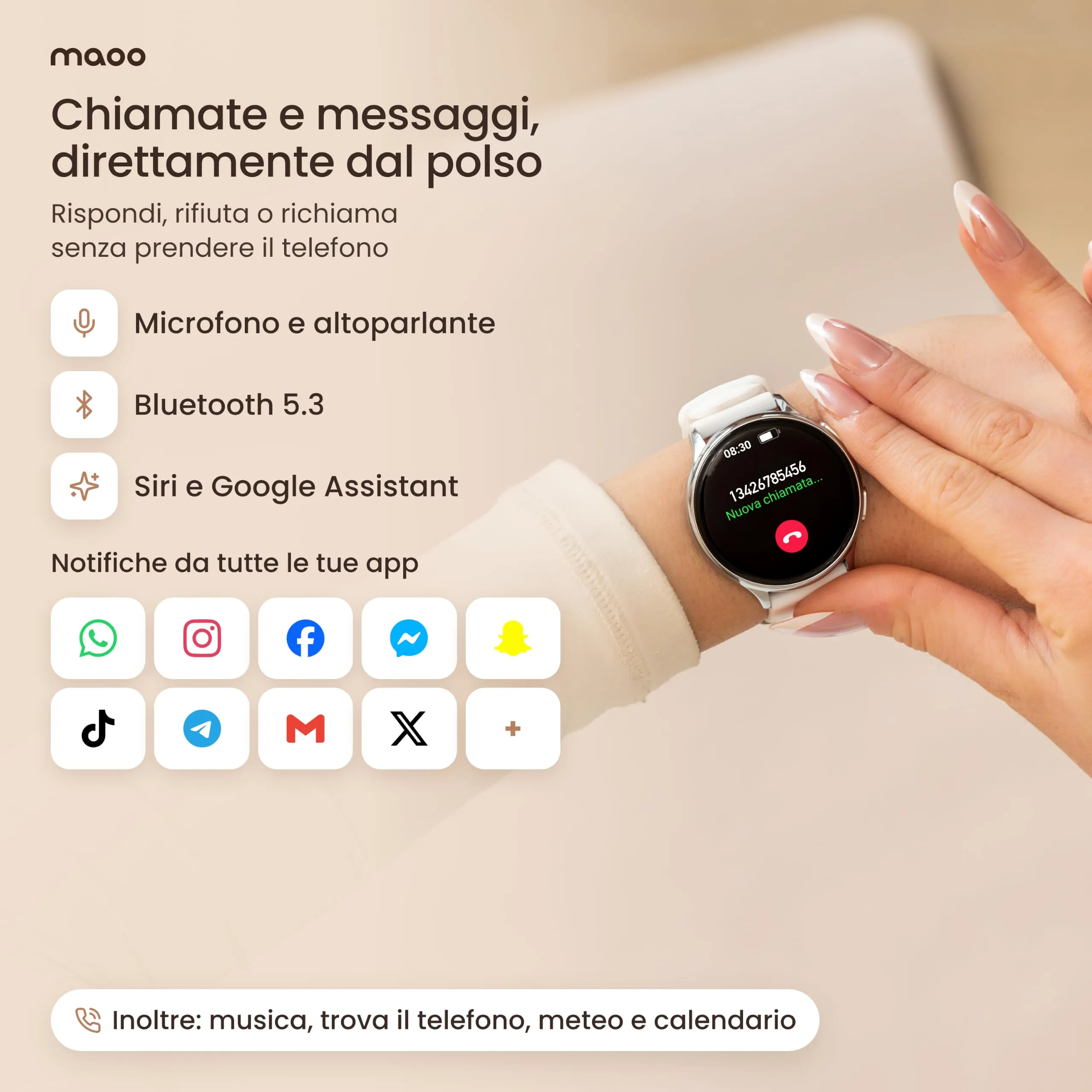 Maoo Ventura Orologio Smartwatch Donna con Chiamate Bluetooth e 5 Cinturini, Display AMOLED Rotondo, Smart Watch Donna Compatibile iPhone Android, Fitness Tracker, Contapassi, SpO2, IP67, Argento - immagine 5
