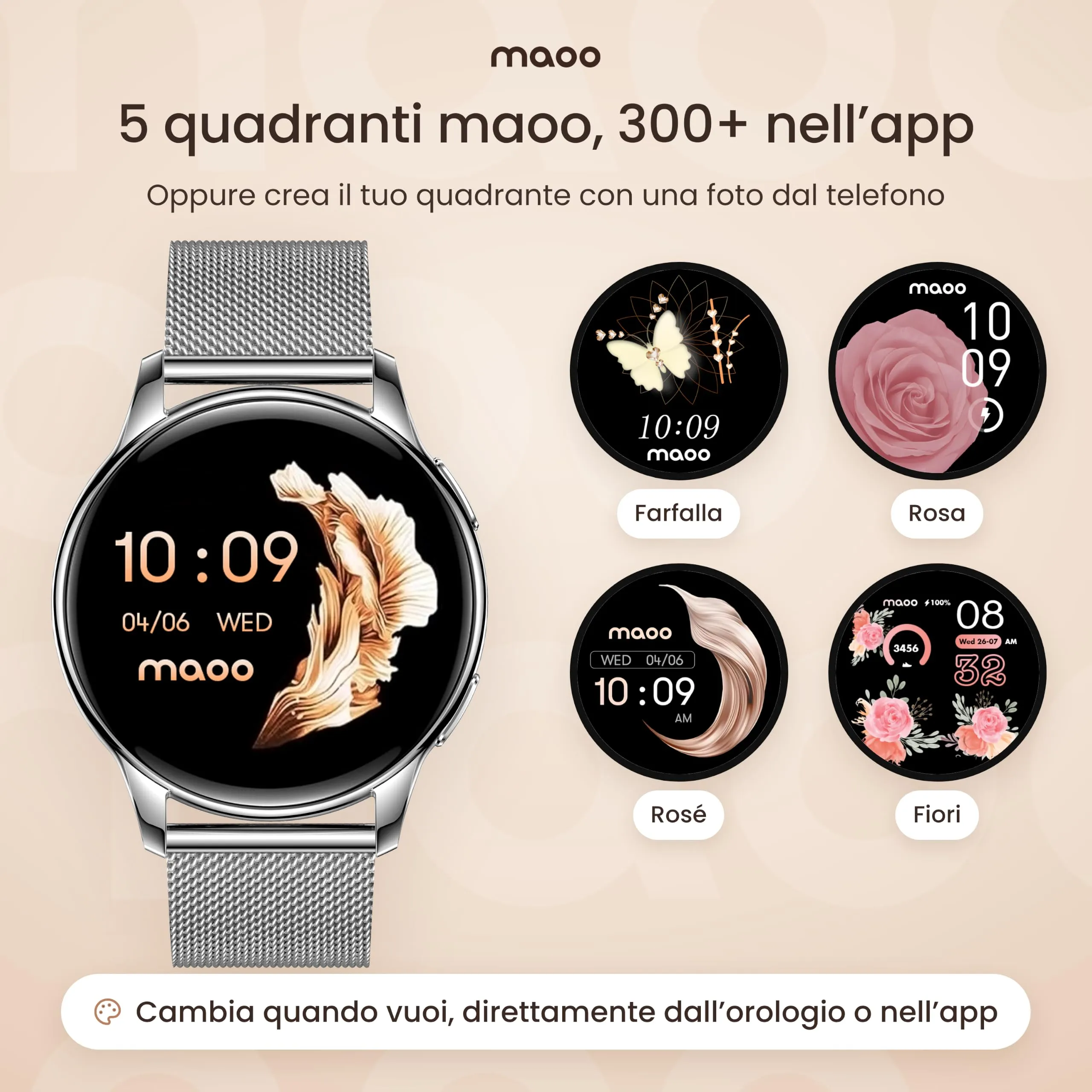 Maoo Ventura Orologio Smartwatch Donna con Chiamate Bluetooth e 5 Cinturini, Display AMOLED Rotondo, Smart Watch Donna Compatibile iPhone Android, Fitness Tracker, Contapassi, SpO2, IP67, Argento - immagine 8