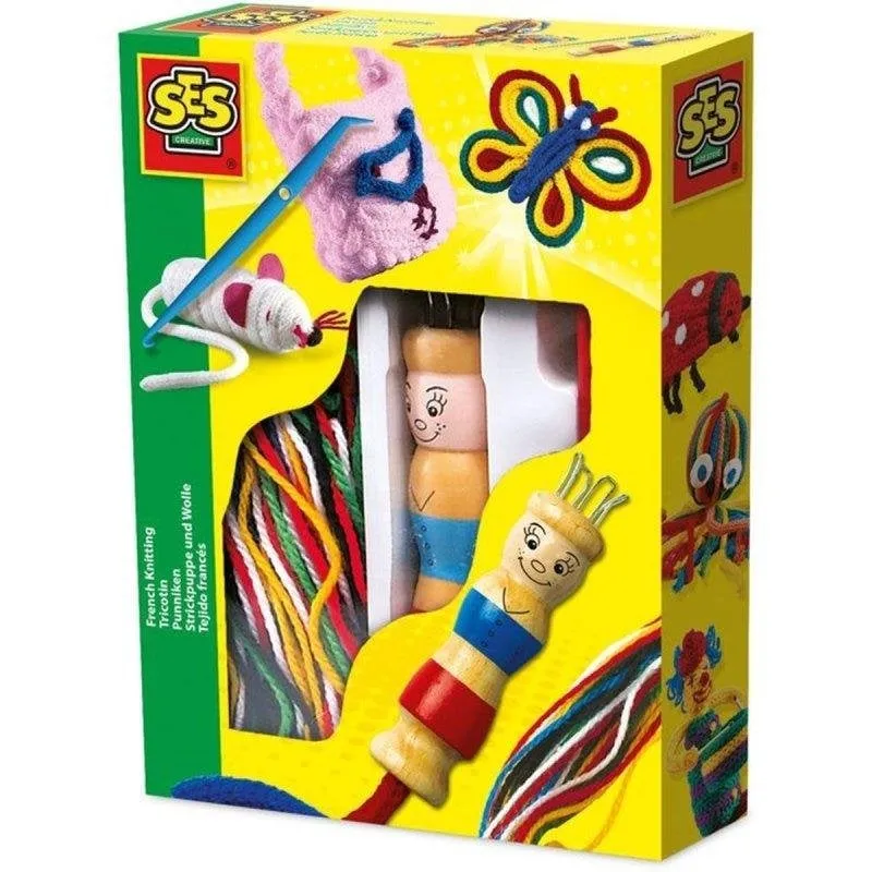 Kit Tricotino in Legno SES Creative con Ferro da Calza Punnik e Fili Colorati - immagine 1