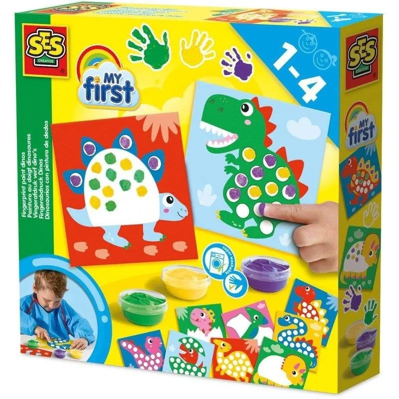 Kit di pittura a dito dinosauri SES Creative My First 10 schede 3 colori lavabili - immagine 1