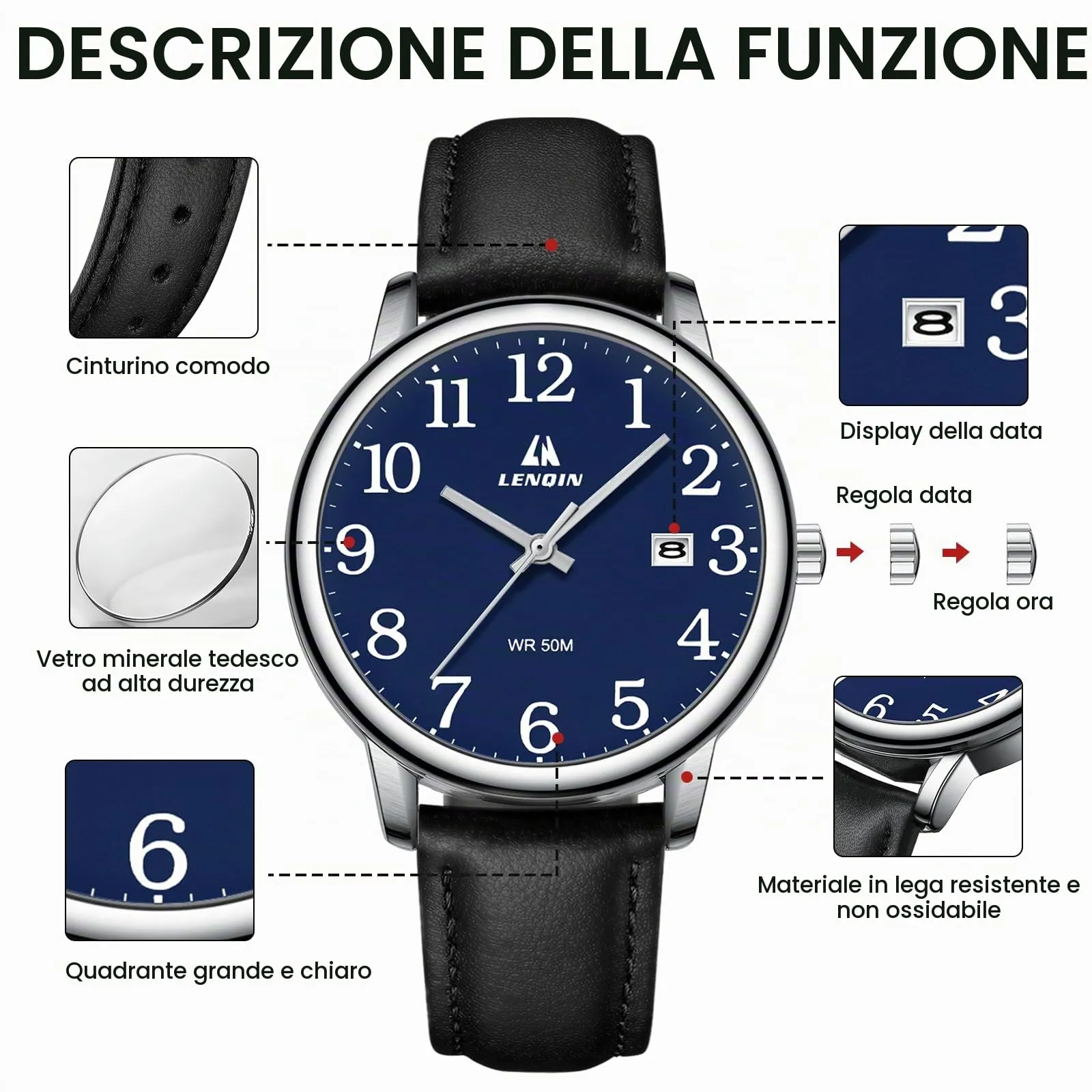 LN LENQIN Orologio Uomo Analogico Cinturino Espansione Impermeabile Datario - immagine 6