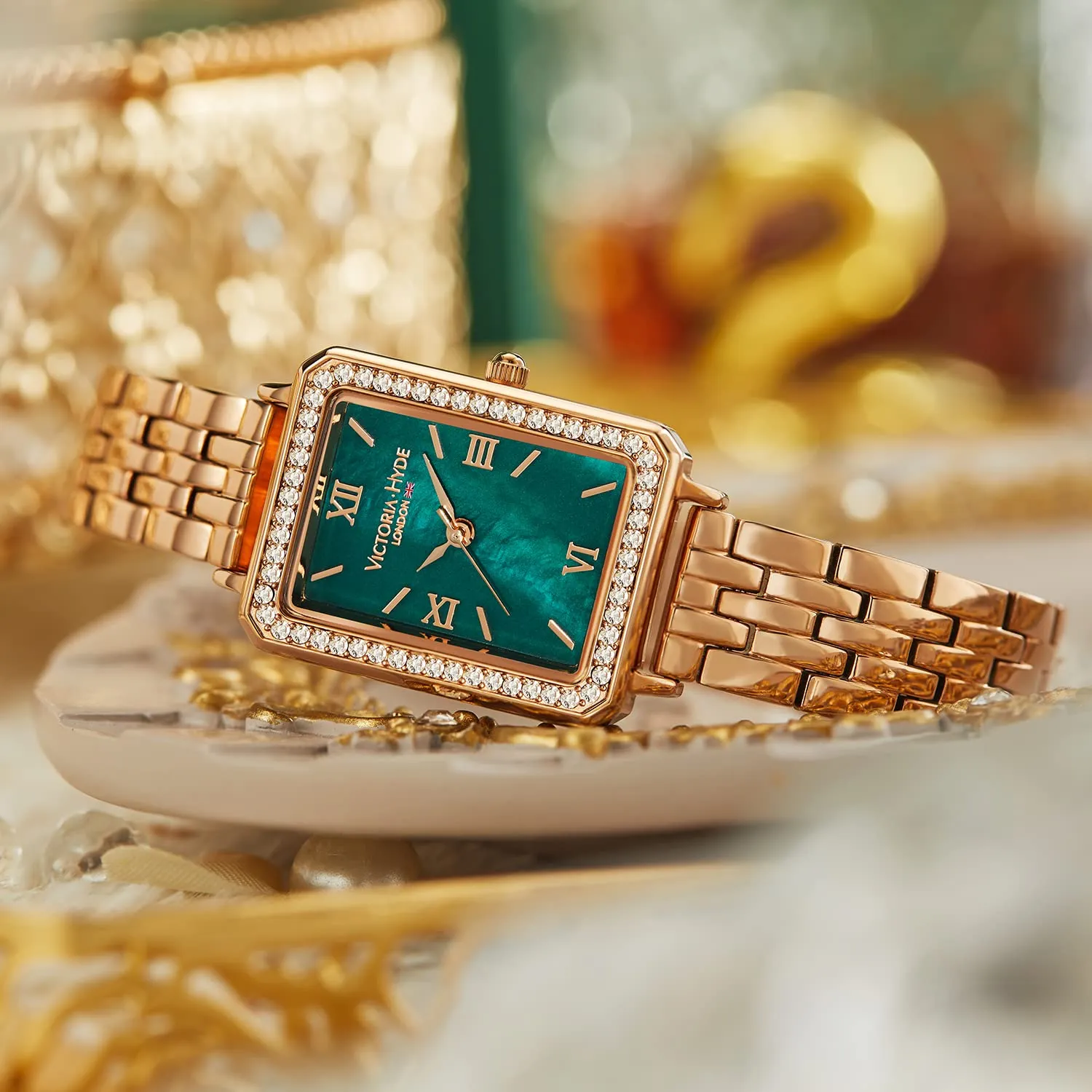 VICTORIA HYDE Orologio da donna rettangolare con quadrante verde, analogico al quarzo, con cinturino in acciaio inossidabile, Bracciale - immagine 2