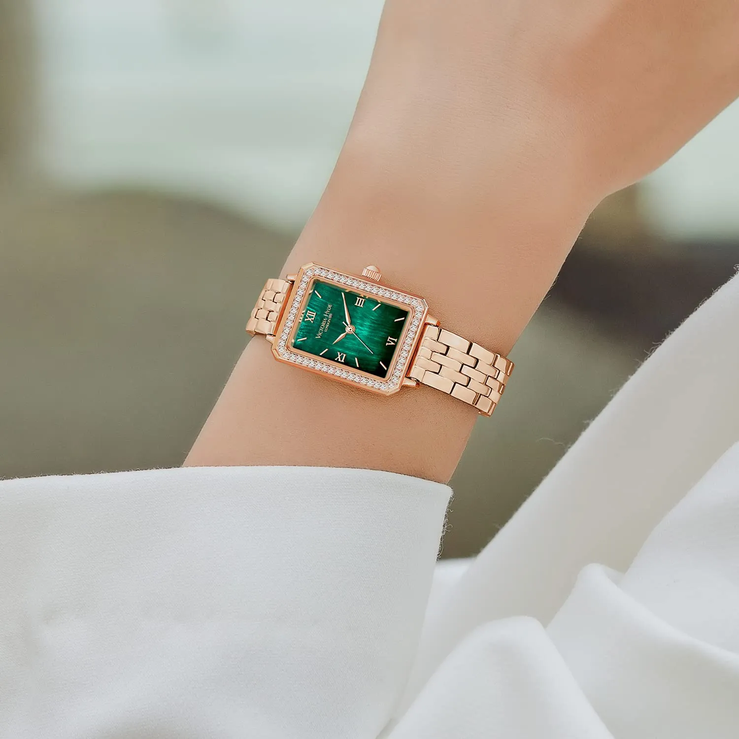 VICTORIA HYDE Orologio da donna rettangolare con quadrante verde, analogico al quarzo, con cinturino in acciaio inossidabile, Bracciale - immagine 4