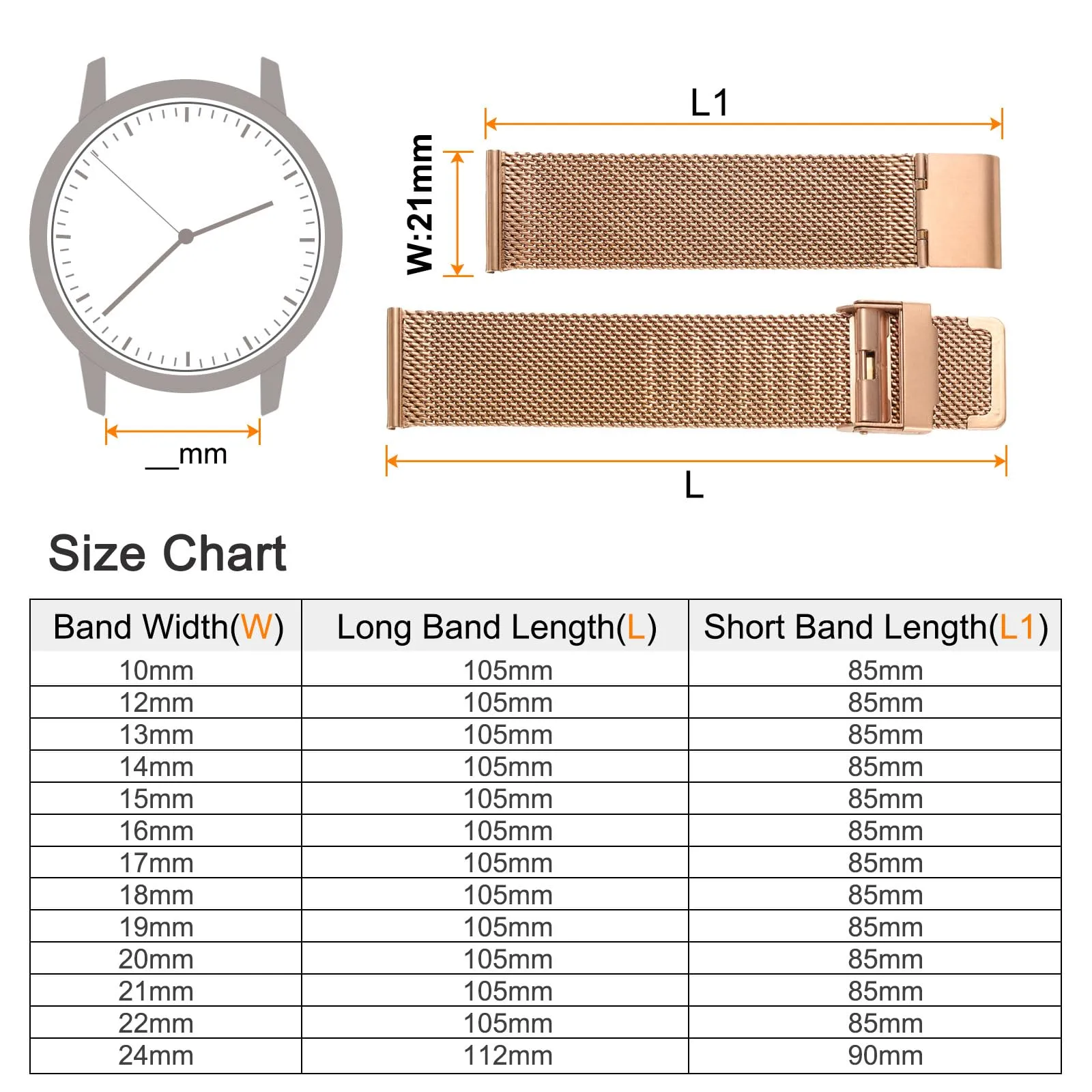 QUARKZMAN 316L Acciaio Inossidabile Maglia Cinturino Orologio 21mm Oro Rosa - immagine 2