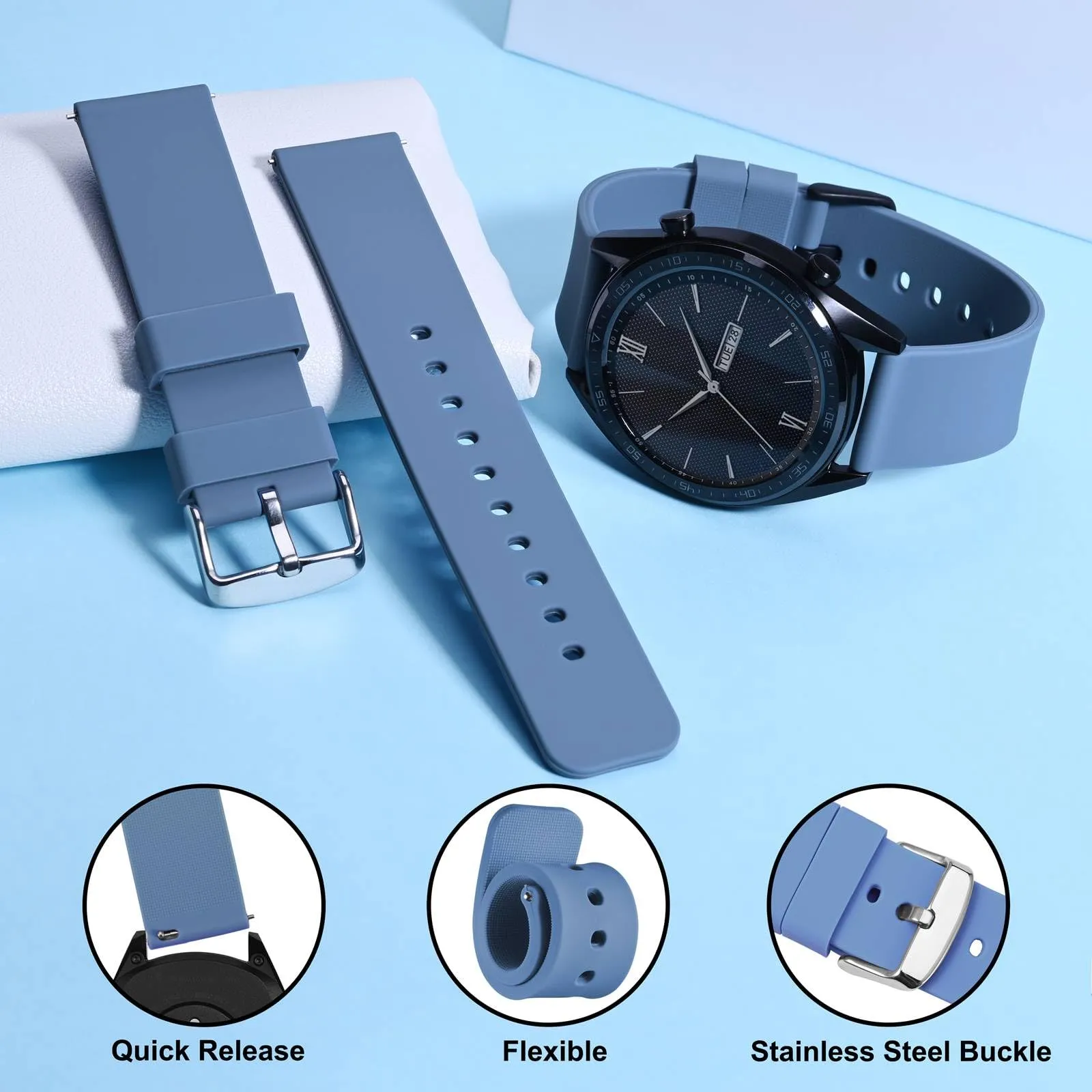 WOCCI 15mm Orologi Cinturino in Silicone con Fibbia Argento per Uomo e Donna (Blu Acciaio) - immagine 3