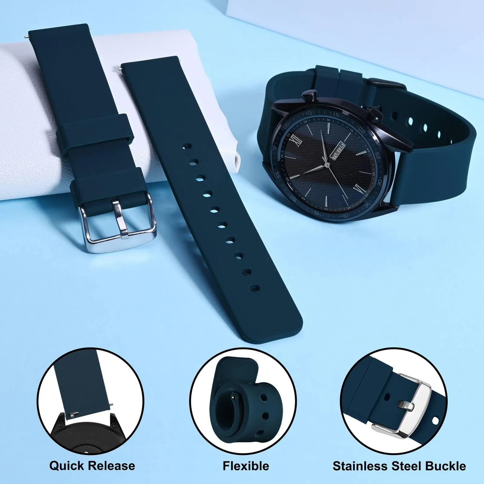 WOCCI 12mm Orologi Cinturino in Silicone con Fibbia Argento per Uomo e Donna (Blu Navy) - immagine 3