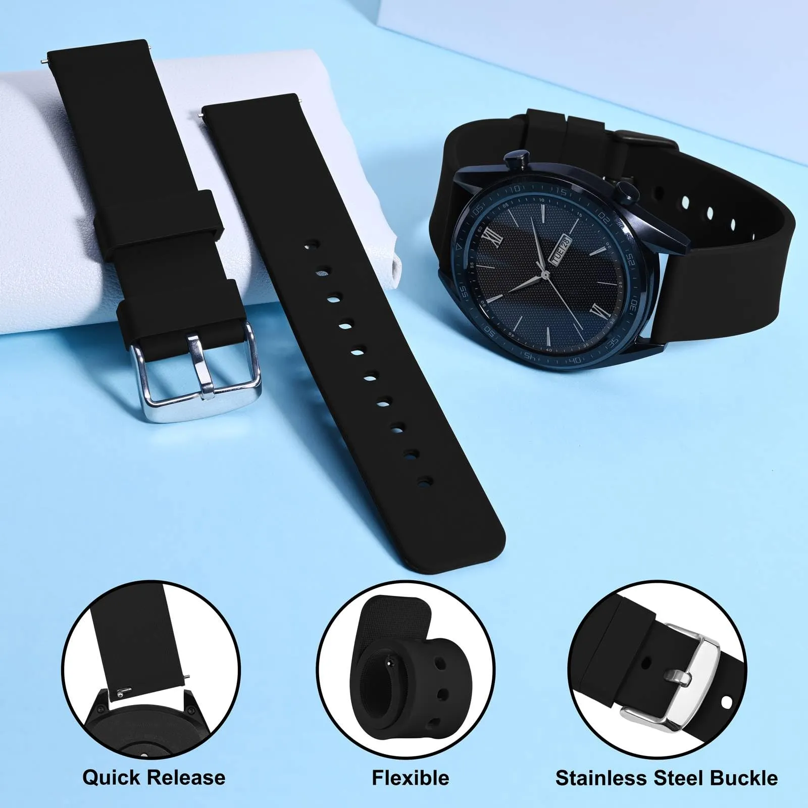 WOCCI 12mm Orologi Cinturino in Silicone con Fibbia Argento per Uomo e Donna (Nero) - immagine 3